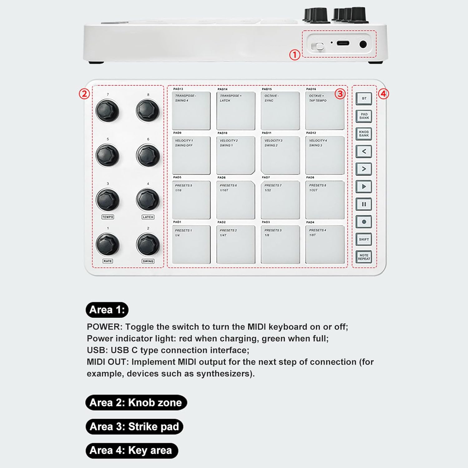 Portable MIDI Drum Pad Controller - Beat Maker Machine with 16 RGB Backlit Pads, Bluetooth USB, 8 Assignable Knobs for Music Production
