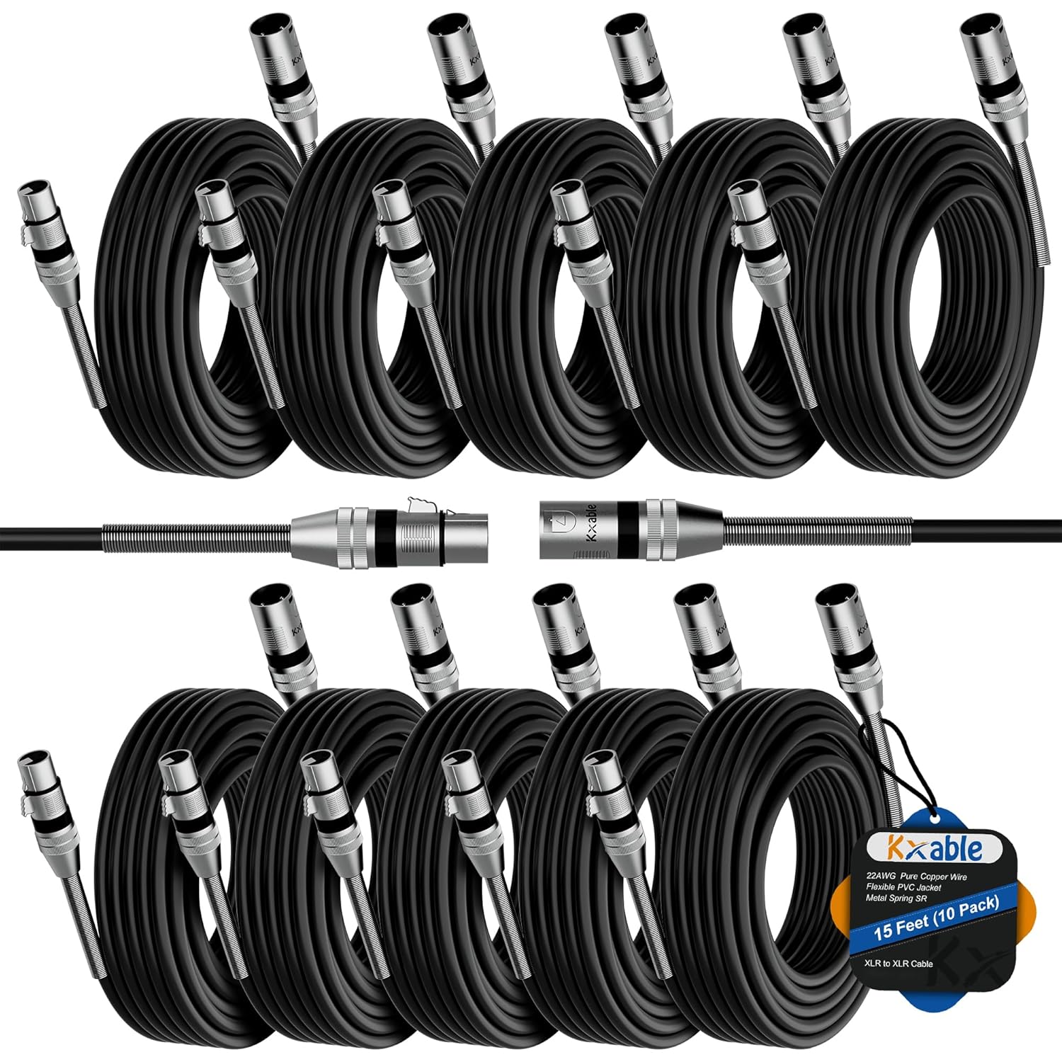 XLR Microphone Cables (15FT, 10-Pack), XLR Male to Female Balanced Mic Cable, 3-Pin Shielded Speaker Cord, Zinc Alloy Connectors, Premium 22AWG Pure Copper, Metal Spring SR, Recording Studio, Podcast