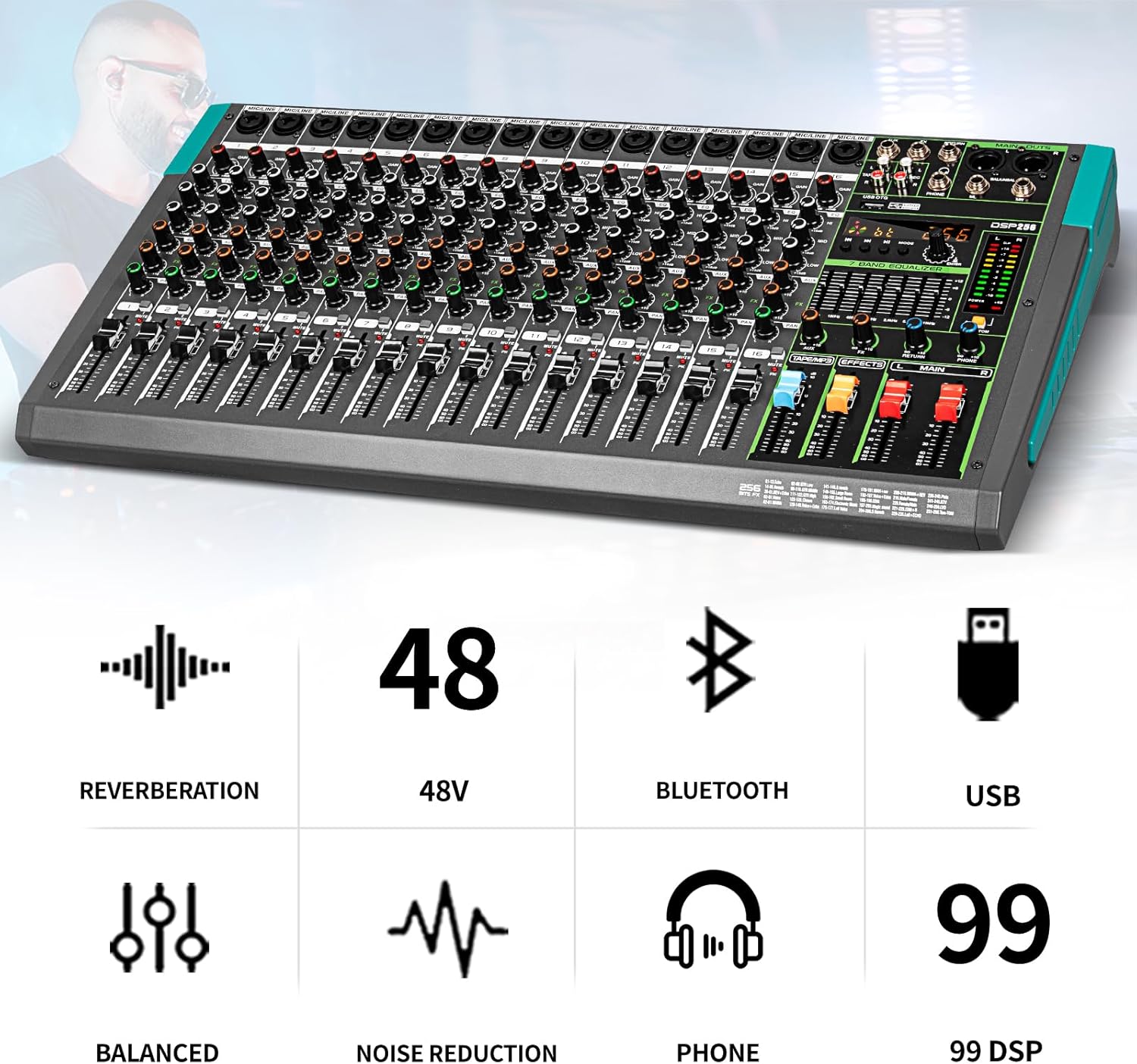 Depusheng PA16 Professional Audio Mixer Sound Board Console Desk System Interface 16 Channel Digital USB Bluetooth MP3 Computer Input 48V Phantom Power Built-in 256 Reverb Effect, Black