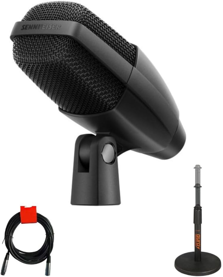 Sennheiser MD 421 KOMPAKT Multipurpose Cardioid Dynamic Microphone Bundle with Auray TT-6220 Telescoping Tabletop Microphone Stand (Black), XLR- XLR Cable
