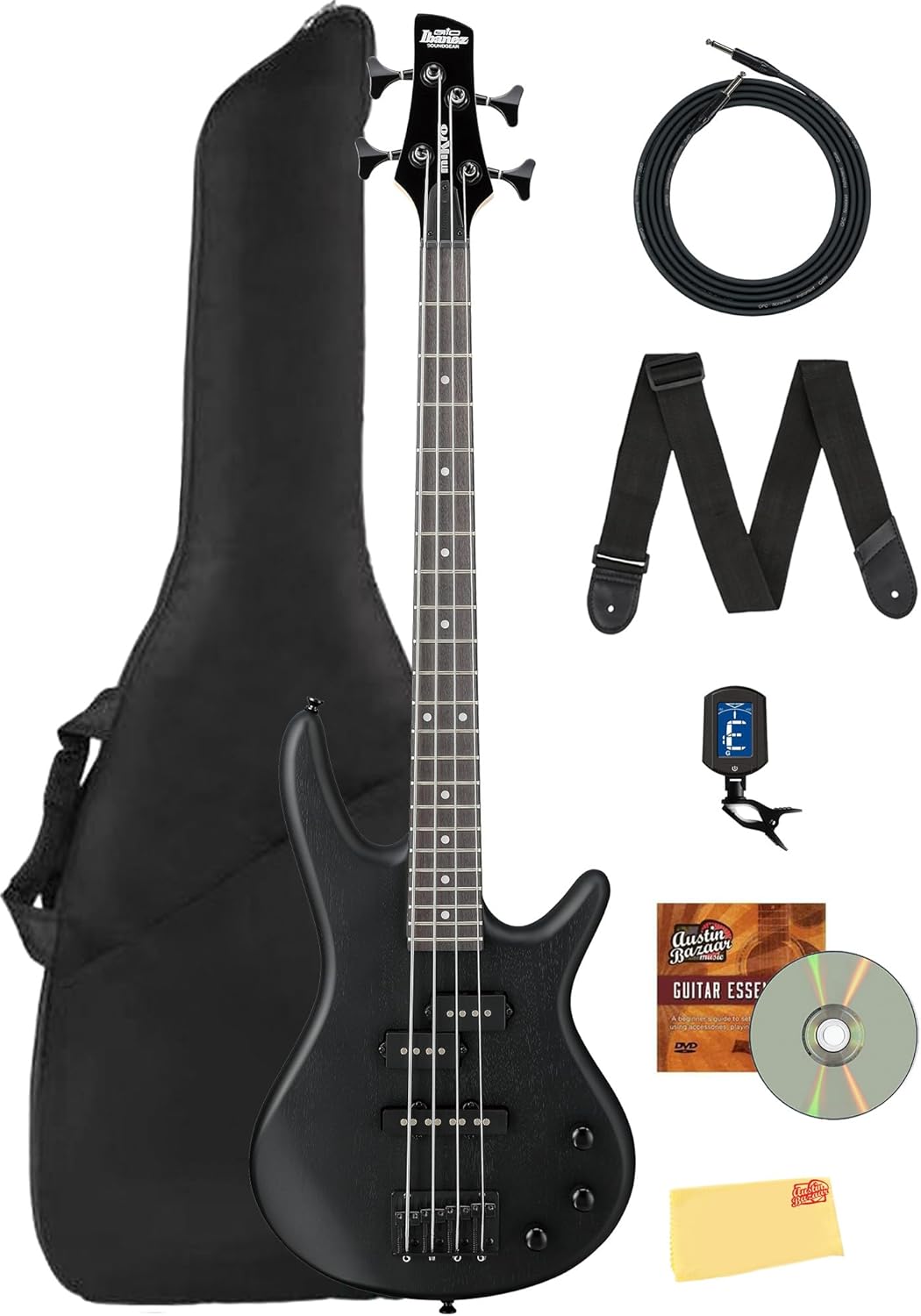 Ibanez GSRM20B SR Gio miKro Short-Scale Bass Guitar - Weathered Black Bundle with Gig Bag, Tuner, Strap, Instrument Cable, Austin Bazaar Instructional DVD, and Polishing Cloth