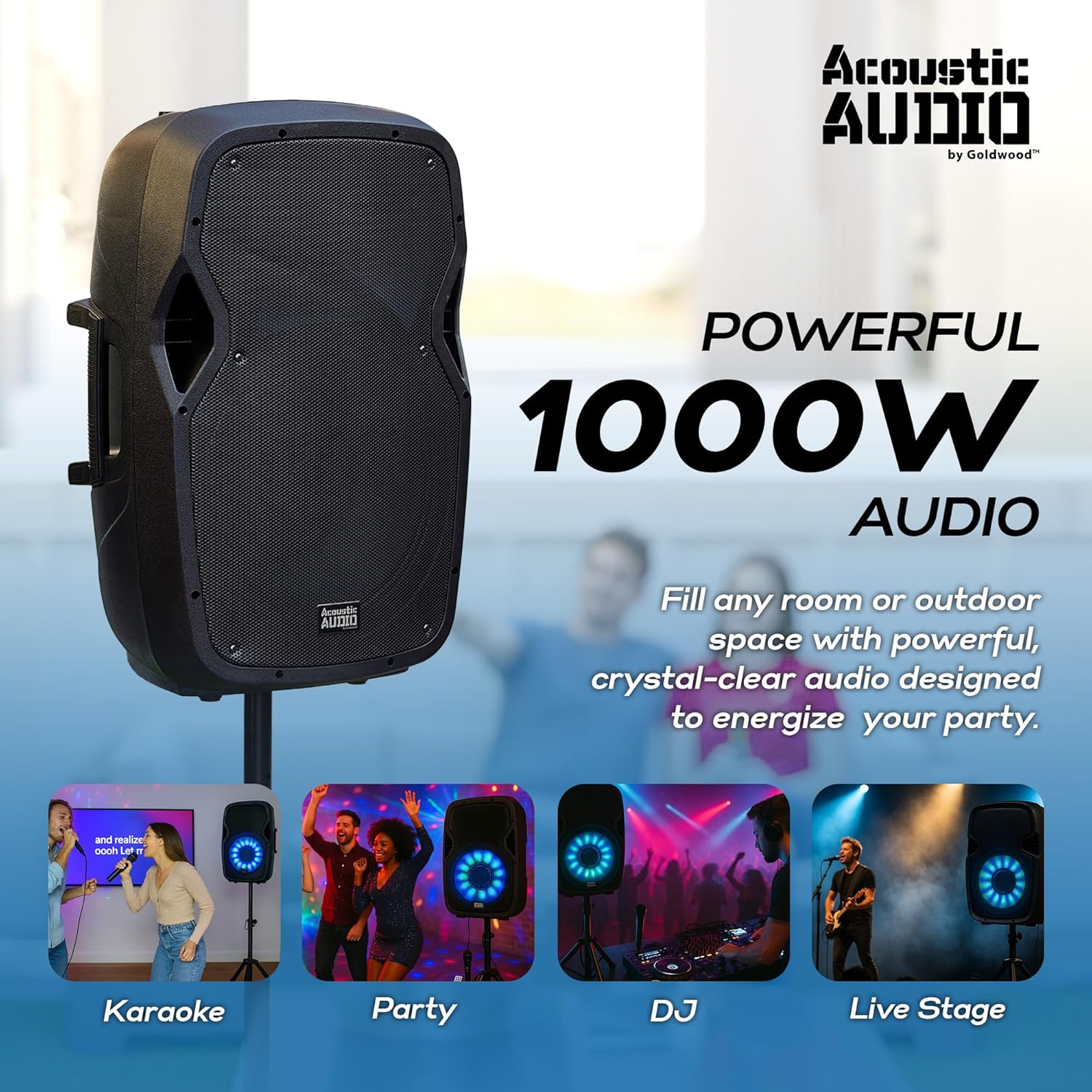 Acoustic Audio by Goldwood 1000W Bluetooth Speaker w/ Flashing LED, Large Plug-In PA System w/ Stand, Mic, & Remote for Karaoke, DJ, or Tailgate Party