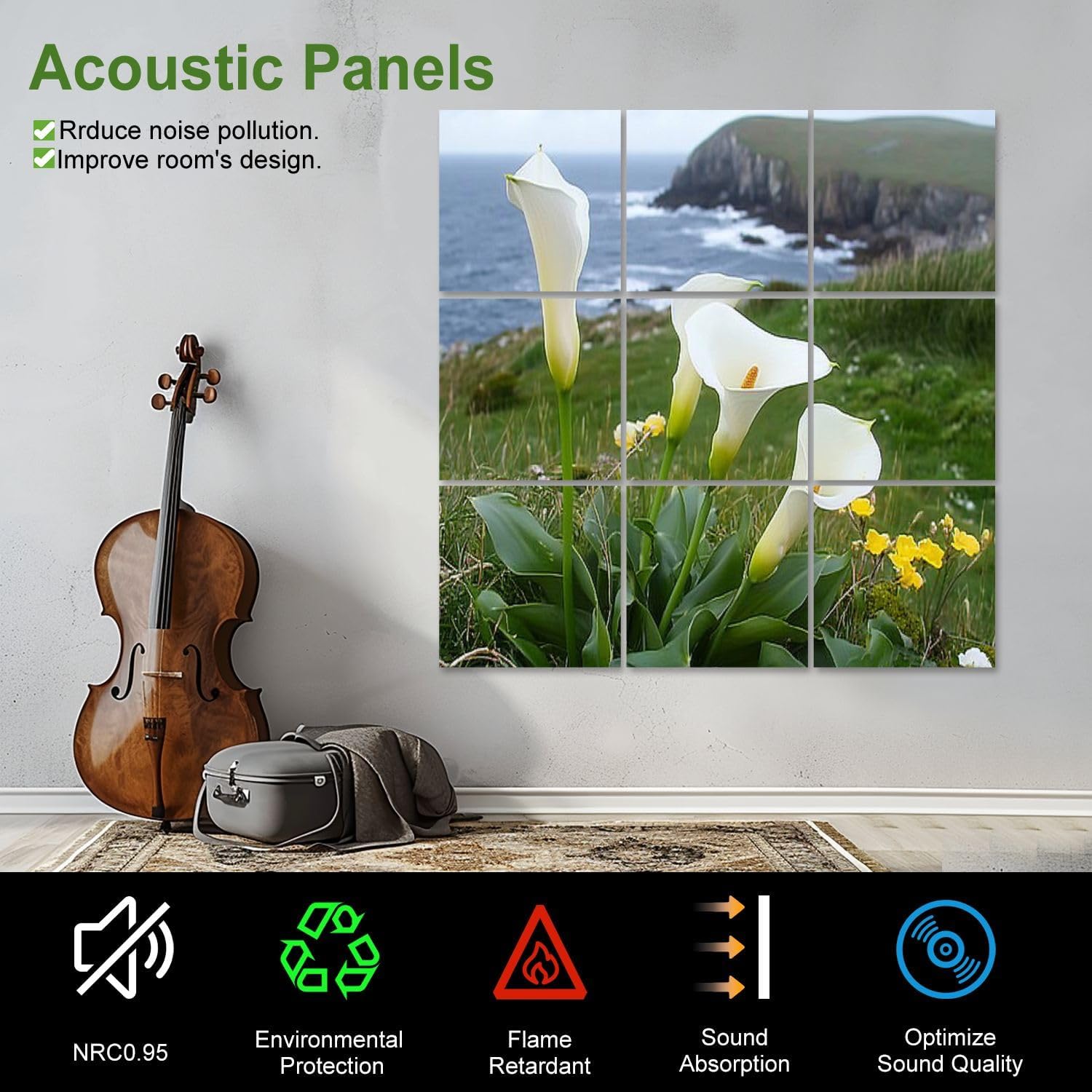 Art Acoustic Panels Self Adhesive calla lilies dingle peninsula ireland lily sea 9 Packs Decorative Soundproof Wall Panels Large Sound Absorbing Panels for Home Office 60