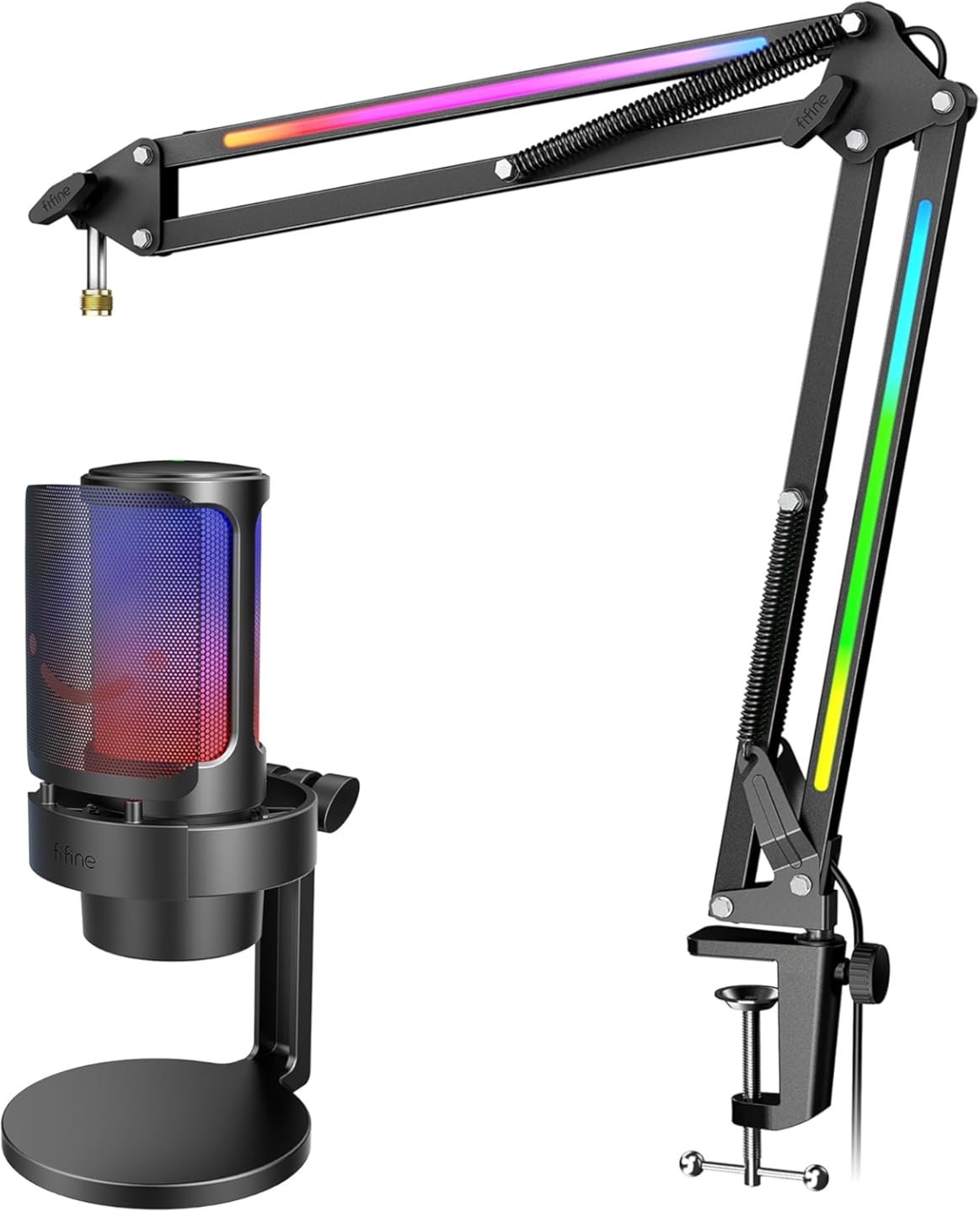 FIFINE USB Condenser Microphone with Arm Stand Kit, RGB Gaming Mic with Metal Boom Arm Bundle for Streaming, Equipment Set with RGB Control, Volume Knob, 3/8” to 5/8” Screw Adapter (A8+BM38)