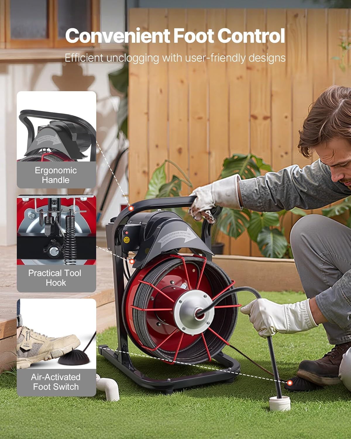 VEVOR Drain Cleaner Machine 50 FT x 1/2 Inch, Sewer Snake Auger Manual Feed with 4 Cutters & Air-activated Foot Switch for 2