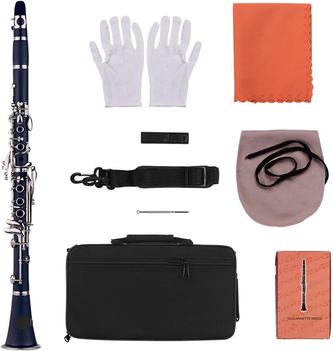 Bb Flat 17-Key Clarinet with Carry Case Gloves Cloth Mini Screwdriver Reed Case 10pcs Reeds Woodwind Instrument Flute Professional Clarinet (Color : Deep Blue)