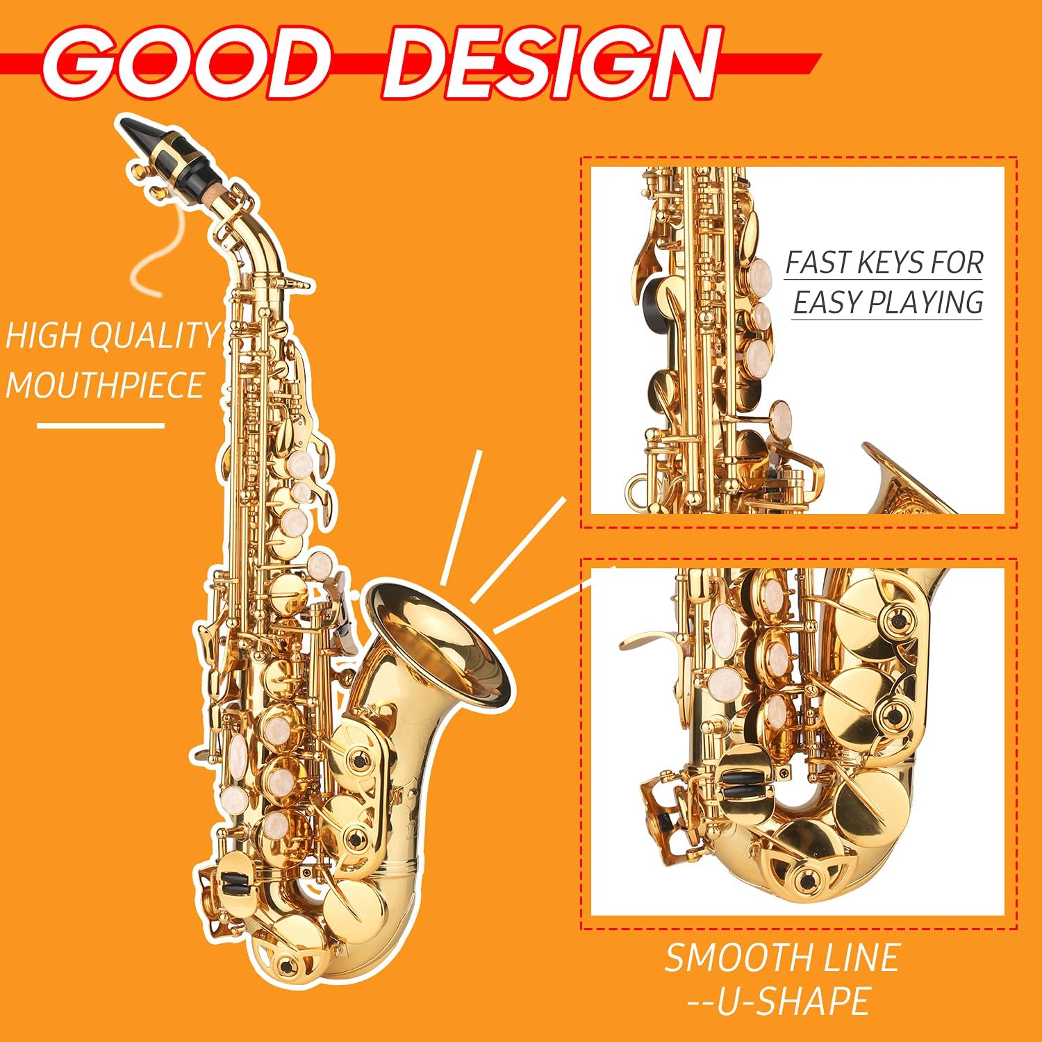 Bb Soprano Saxophone Gold Lacquer Brass Sax with Instrument Case Mouthpiece Neck Strap Cleaning Cloth Brush for Musicians Beginners