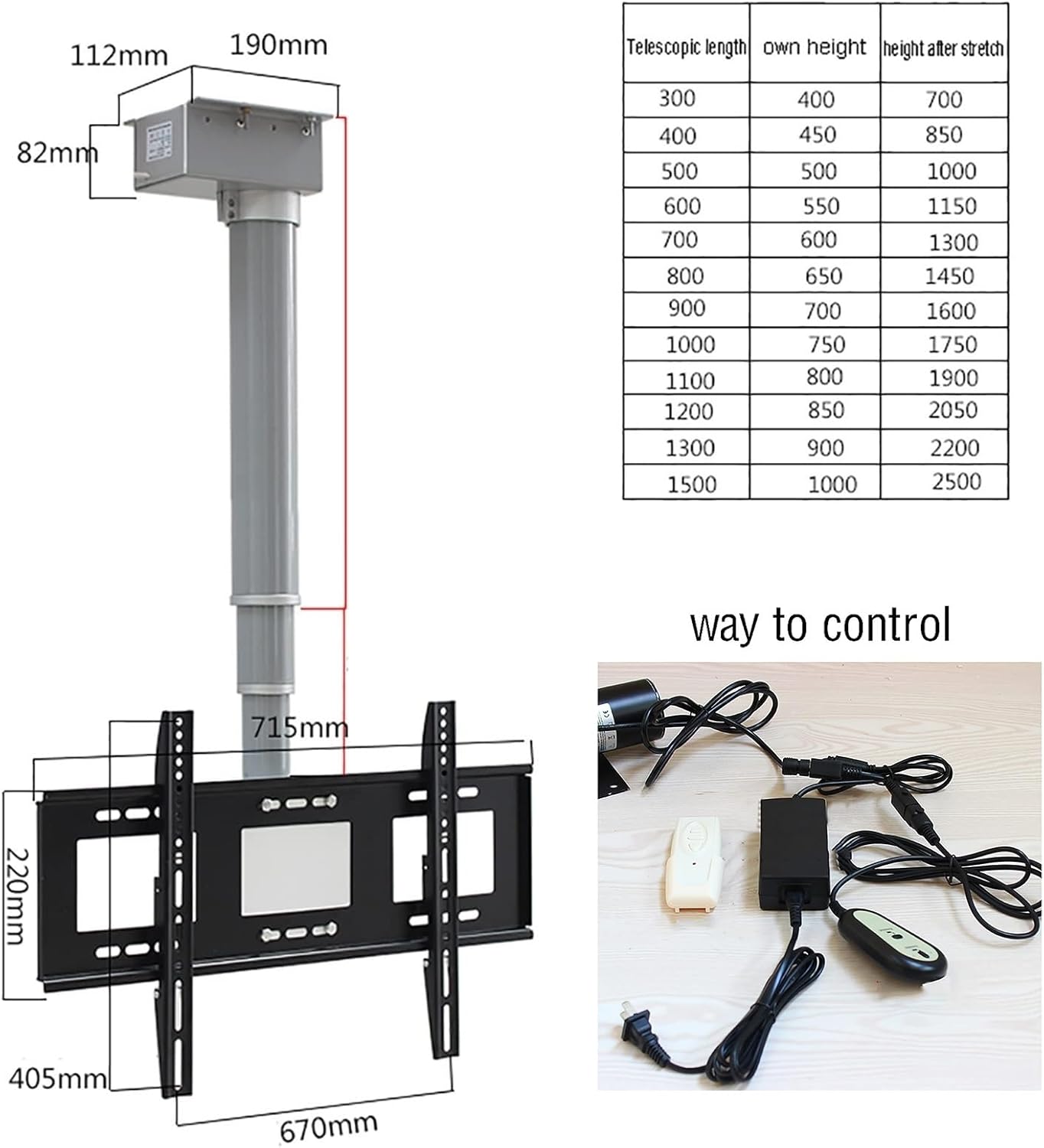 Electric TV Lift - Adjustable Ceiling TV Mount Bracket - TV Wall Mount, Motorized Riser Mount with Remote Control, Motorized Ceiling Mount, 90° Flip Up, Fits 26-70 Inch L
