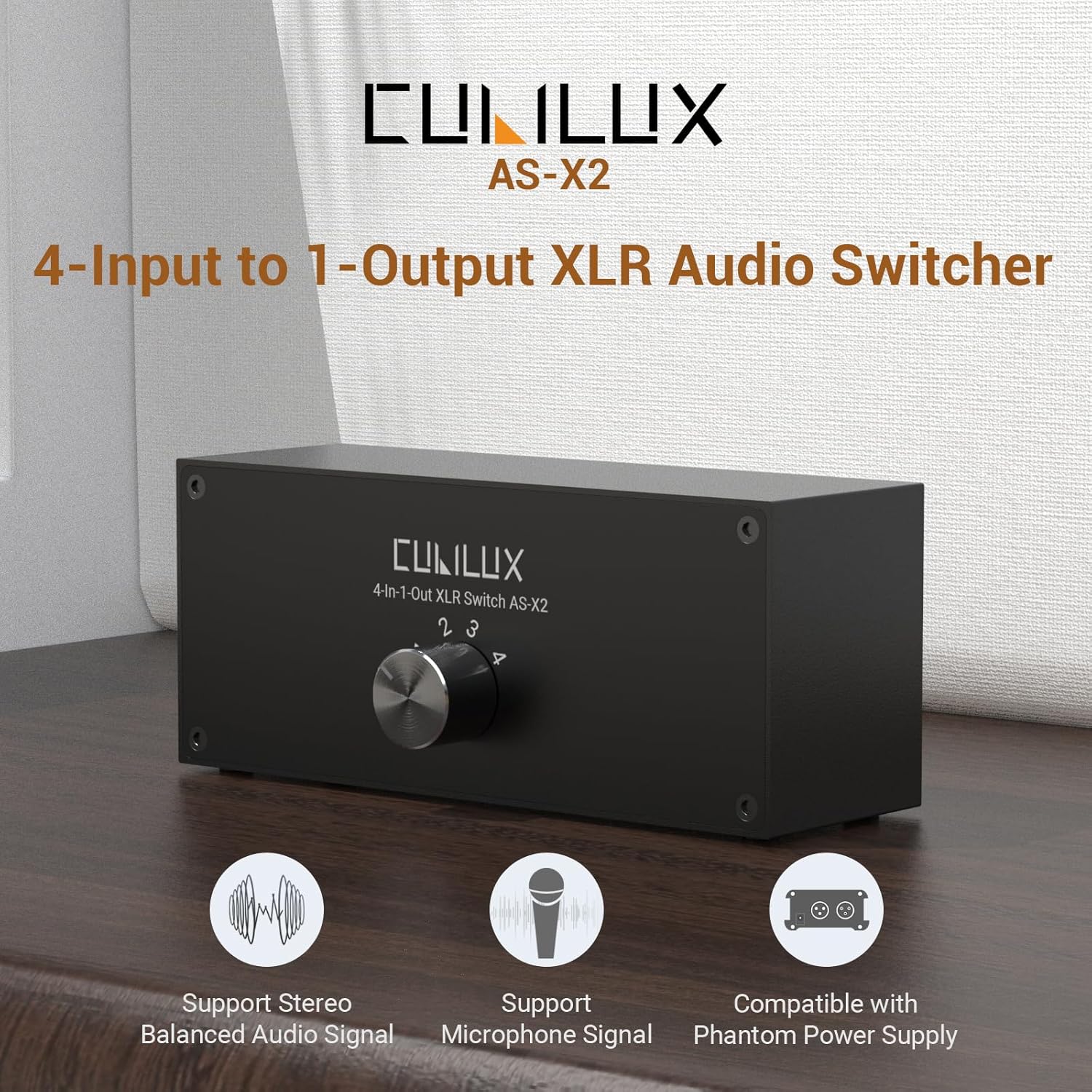 Cubilux AS-X2 4-In-1-Out Stereo XLR Selector, Passive Balanced XLR Line-in Audio Switcher, Microphone Switch Box – Full Aluminum Alloy Case, Support Phantom Power Passes Through