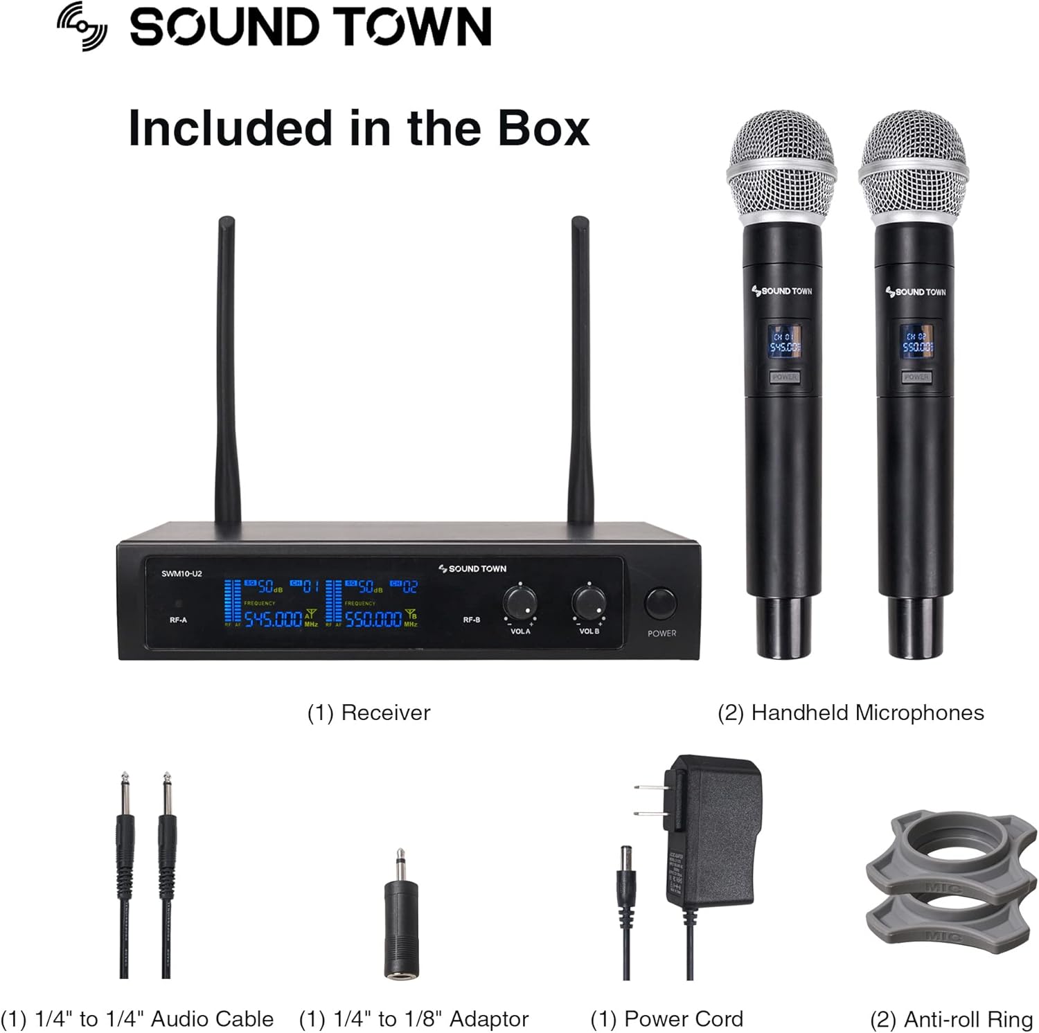 Sound Town SWM10-U2HH Professional Dual-Channel UHF Wireless Microphone System with 2 Handheld Mics, for Church, Business Meeting, Outdoor Wedding and Karaoke
