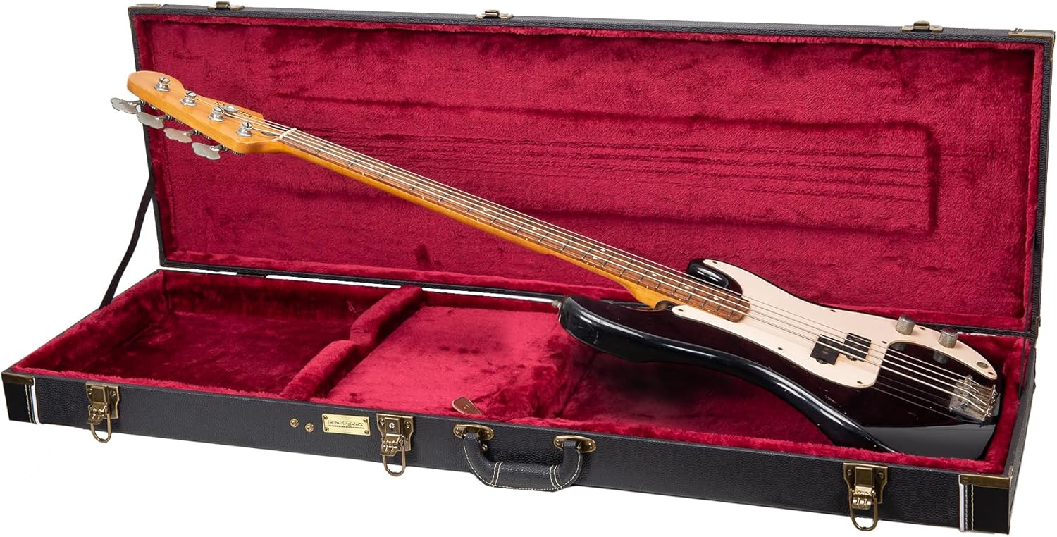 Crossrock Wooden Guitar Case -Fits Electric Bass Guitars- Vintage Hardware, Sponge Lining, Metal Feet, Storage Space-Black (CRW520BBK)