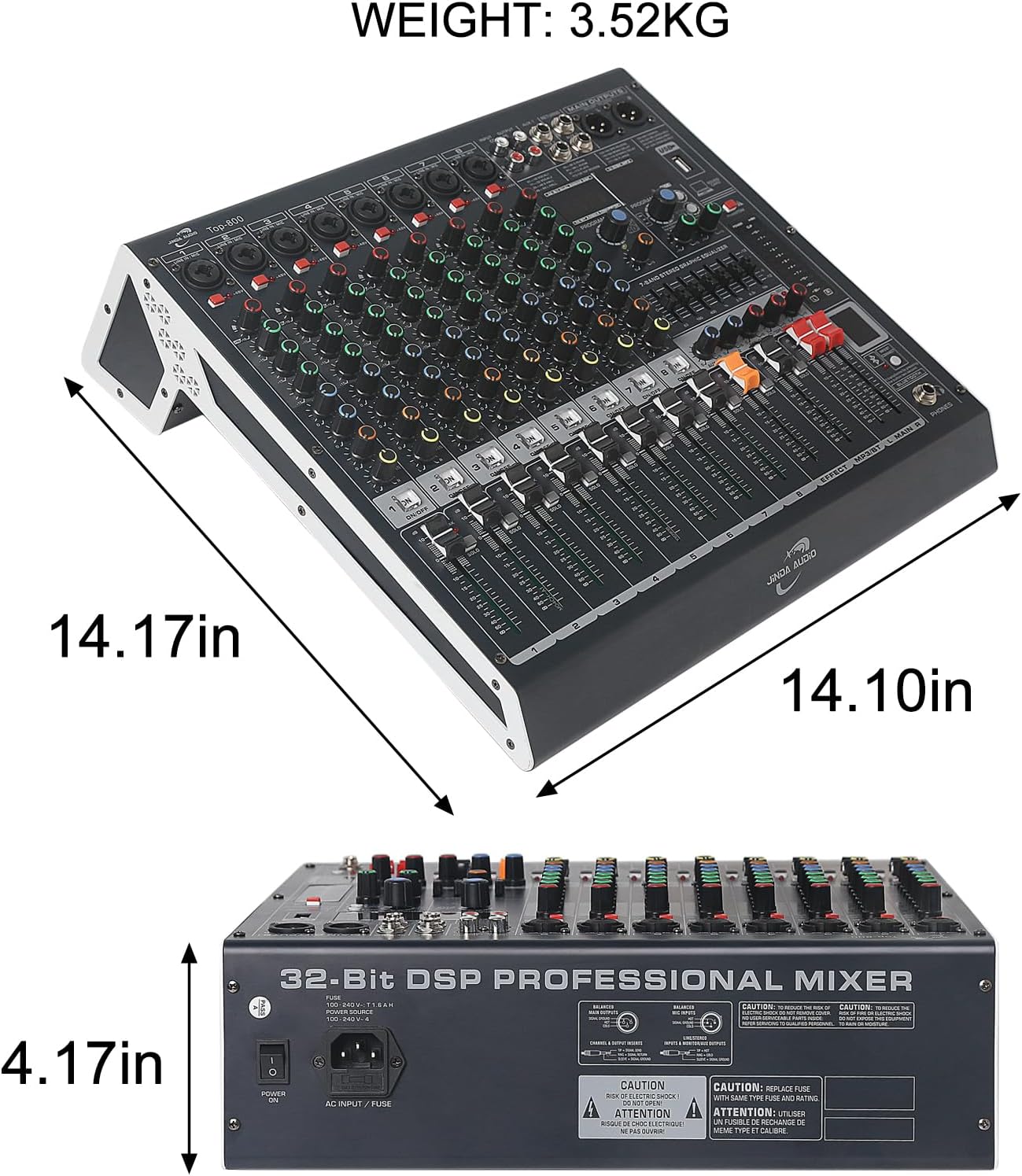 Audio Mixer 8 Channel, DJ Mixer Board with Bluetooth and Usb, Audio Sound Card with Interface Recording and 48V Phantom Power, Sounds Mixer with 256 DSP FX Reverb Delay Effect for Streaming