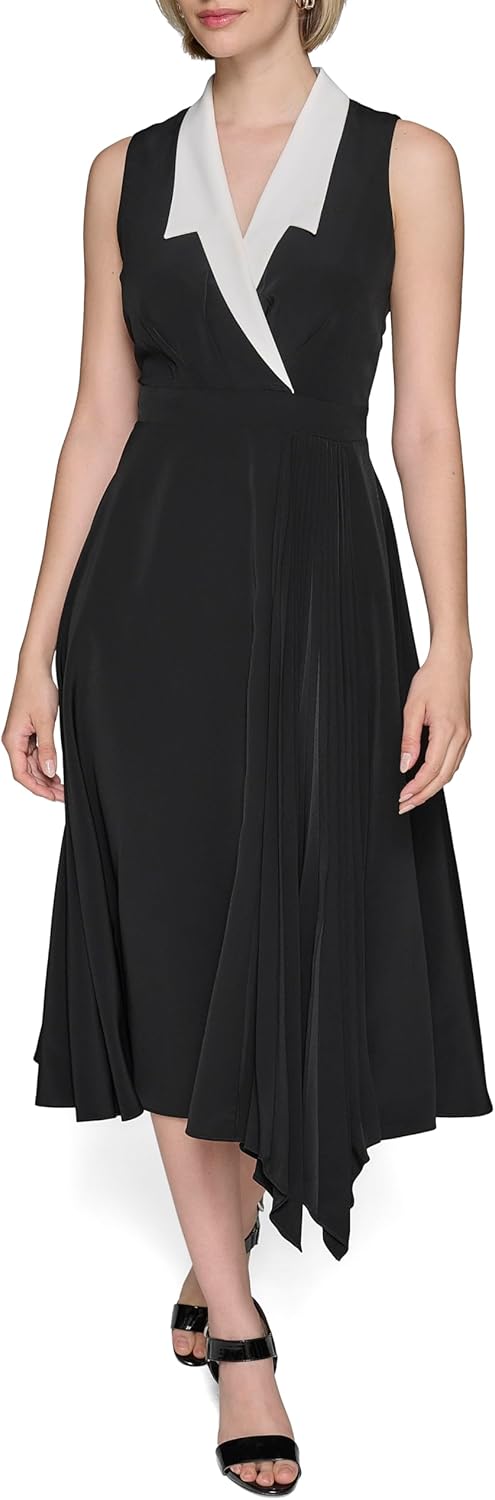 Karl Lagerfeld Womens Colorblock Silky Crepe Sleeveless Midi Dress