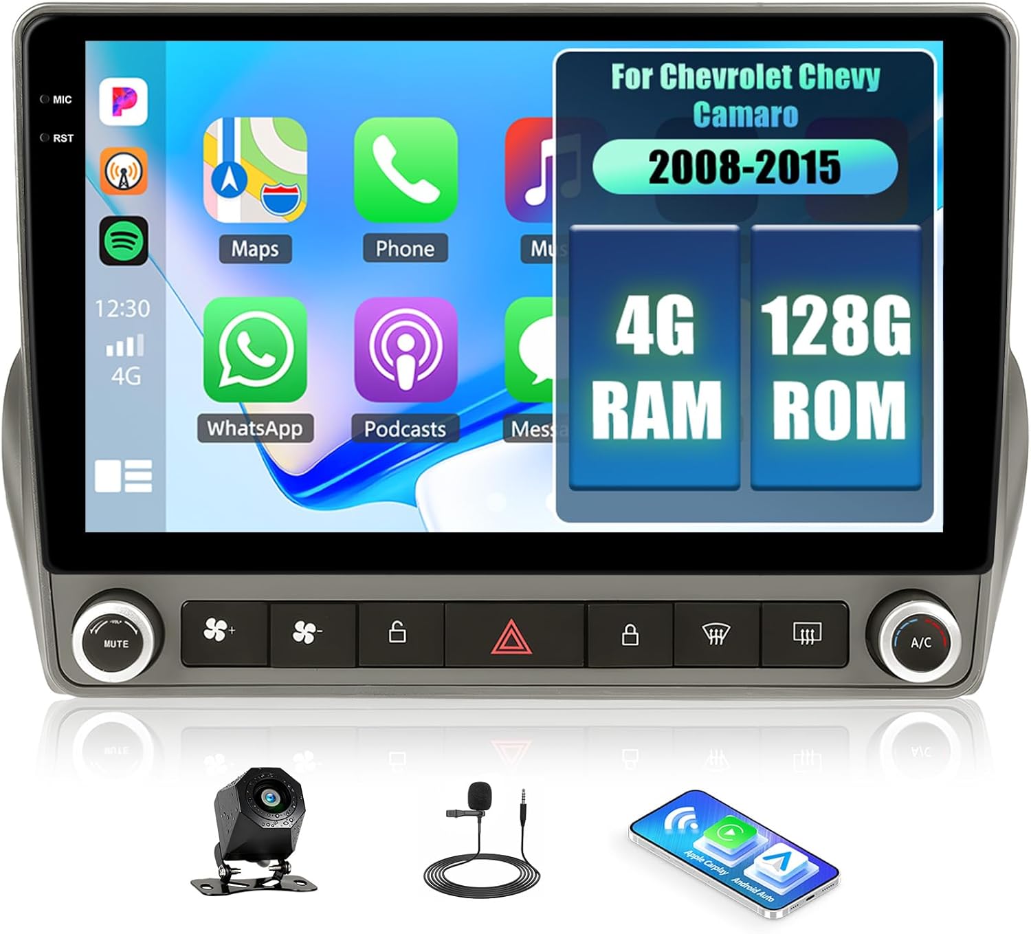 Upgraded Android 15 4+128G Car Stereo for Chevrolet Chevy Camaro 2008-2015 with Wireless Carplay Android Auto, 9 Inch Incell Touchscreen Radio Bluetooth 5.0 GPS WiFi FM/RDS Backup Camera SWC