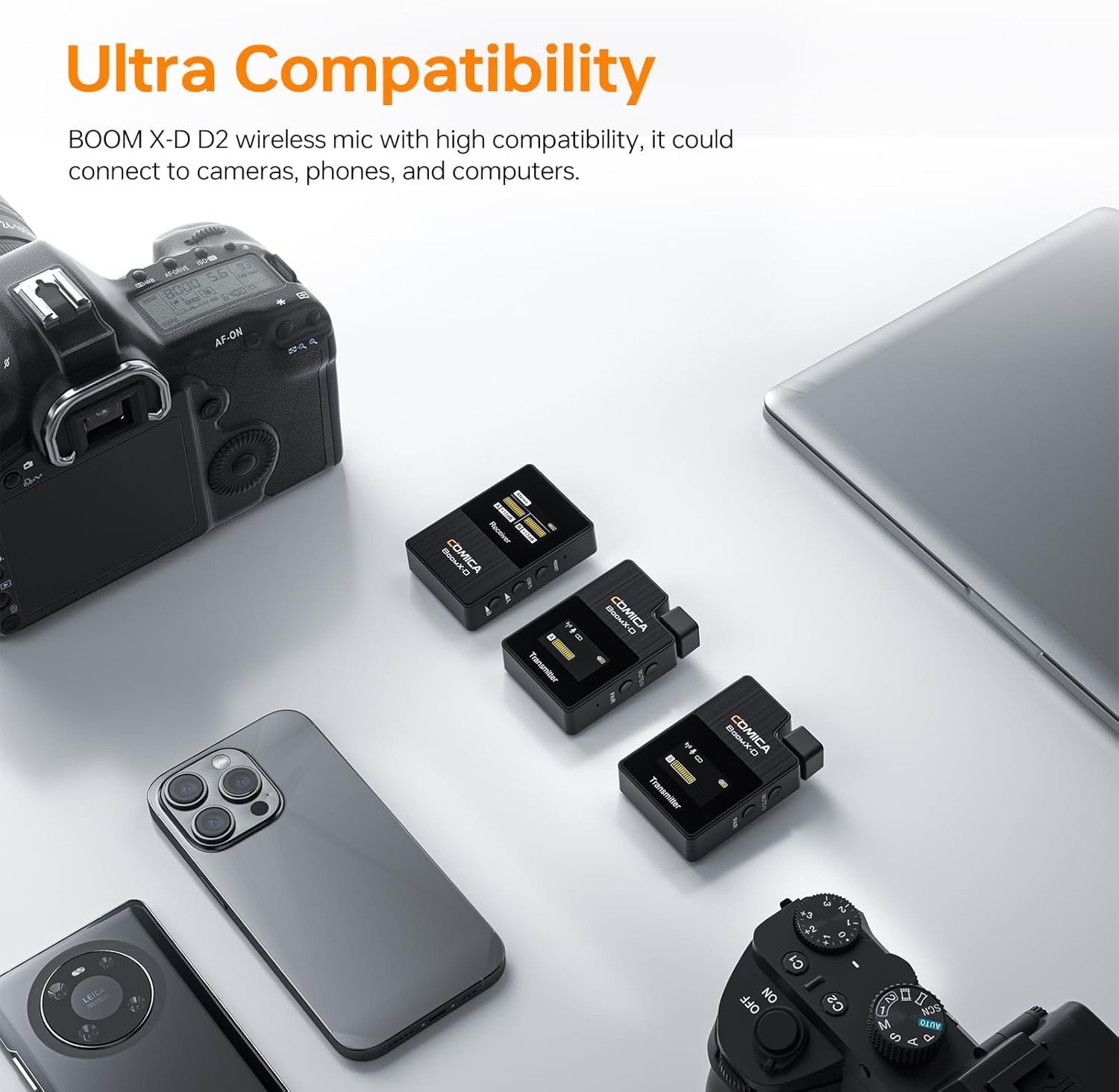 Comica BoomX-D2 - Wireless Microphone System for Cameras, Camcorders, Smartphones, Laptops, Compact Wireless Lavalier Lapel Microphone with Safety Audio Track, Noise Reduction, 328' Range, Low Latency