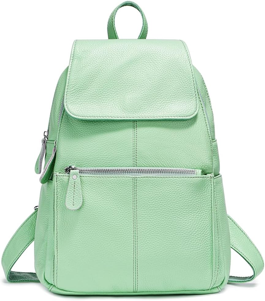 15 Colors 100% Genuine Leather Women Backpack Antitheft Fashion Rucksack Travel Bag For Ladies (Light Green)