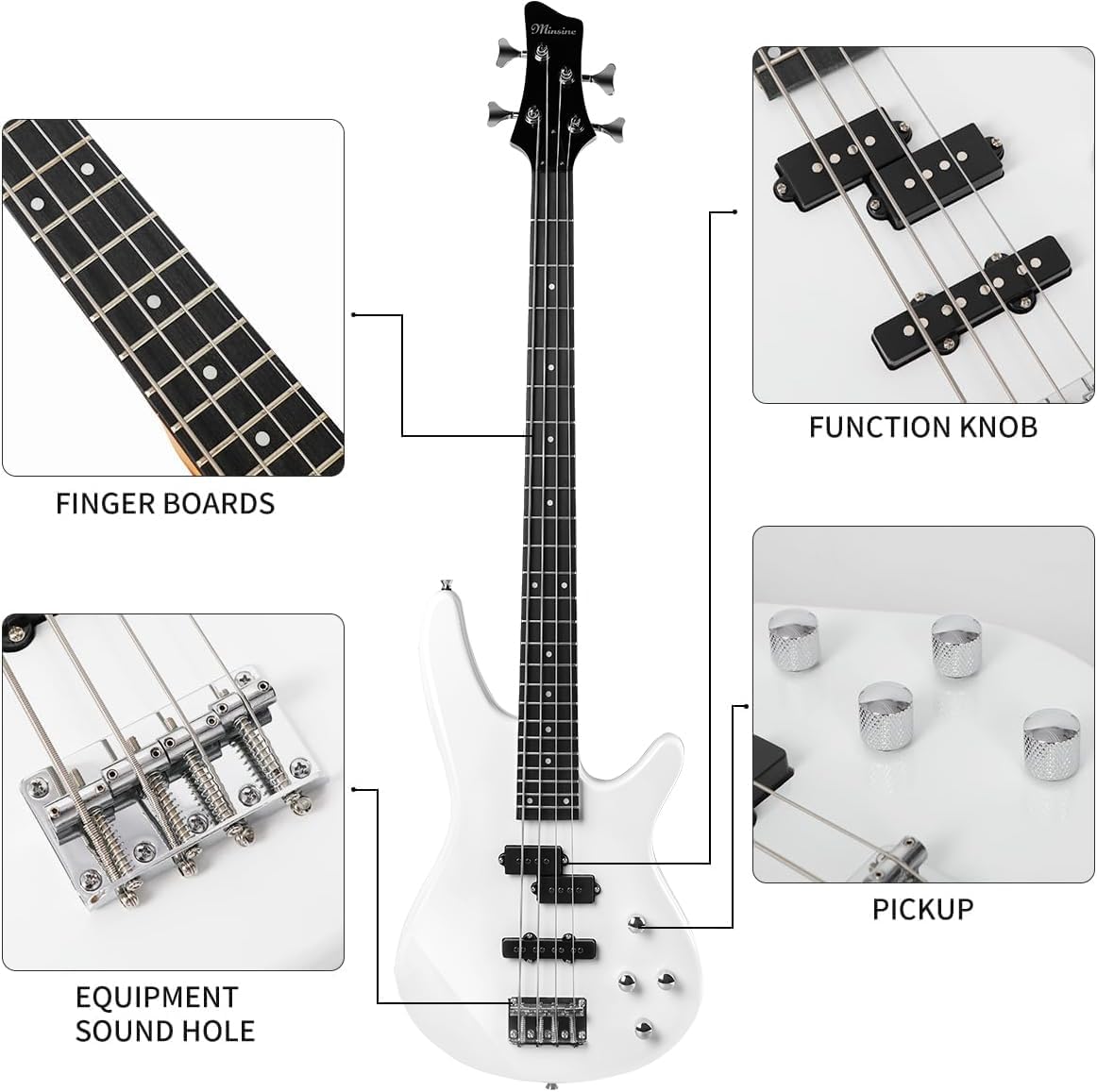 Electric Bass Guitar 4 Strings Full-Size Standard Bass PB-Style Beginner Kit Black for Starter with Gig Bag Guitar Strap and Guitar Cable (IB-white)