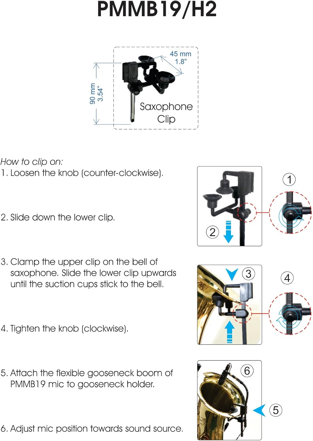 PMMB19-Saxophone Musical Instrument Microphone with Saxophone/Trumpet Clip & 5 Connectors