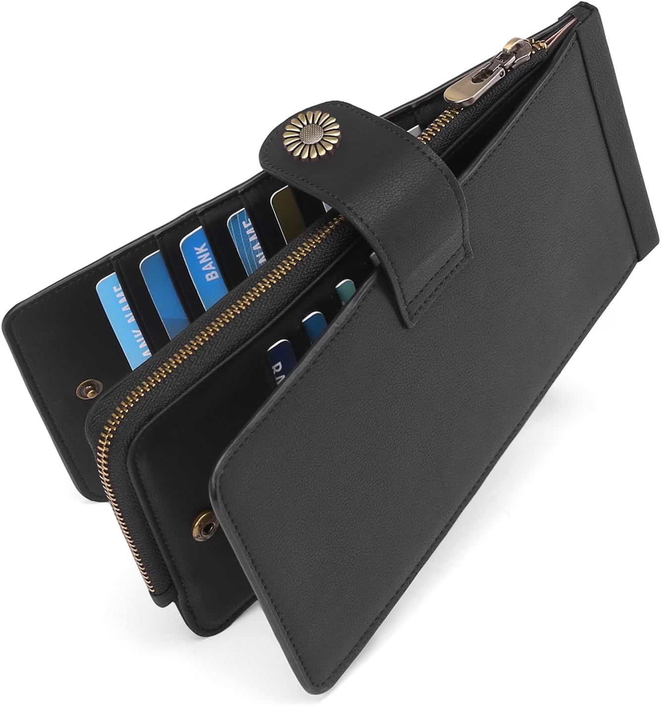 Leather Women Wallet Blocking Zipper Around Phone Holder Clutch Wristlet Large Capacity