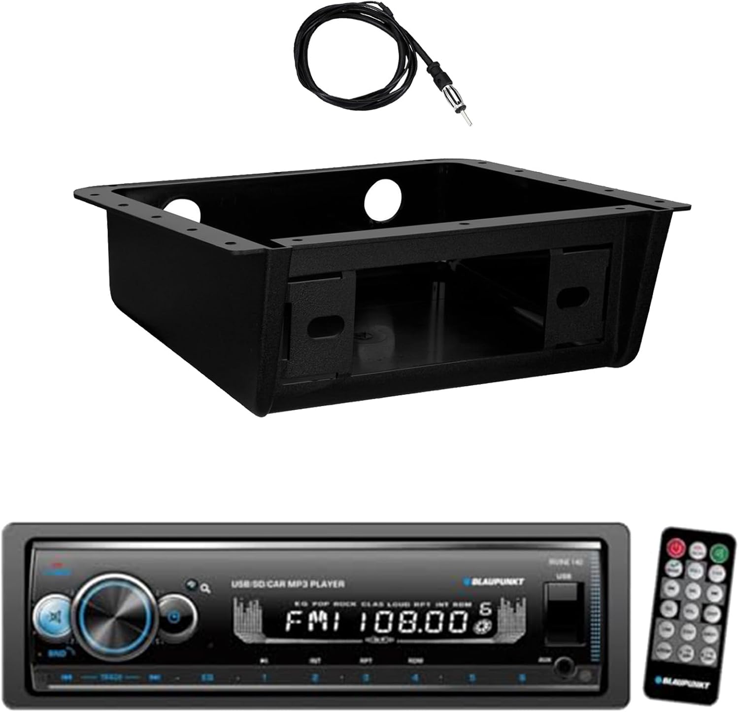 Blaupunkt IRVINE140 Single DIN Bluetooth USB/AUX SD/MP3 Player AM/FM Radio Stereo Receiver W/Fully Enclosed Under Dash/Overhead Installation Mounting Kit, 22