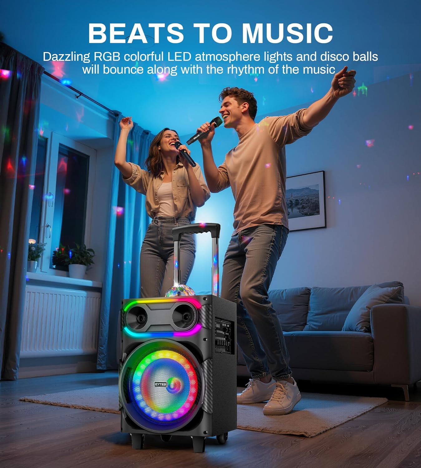 Karaoke Machine for Adults with 2 Wireless Microphones Portable Party Speaker BT PA System with Disco Ball LED Lights, Tablet Lyrics Display Holder, Remote Control, Rolling Wheels and Trolley