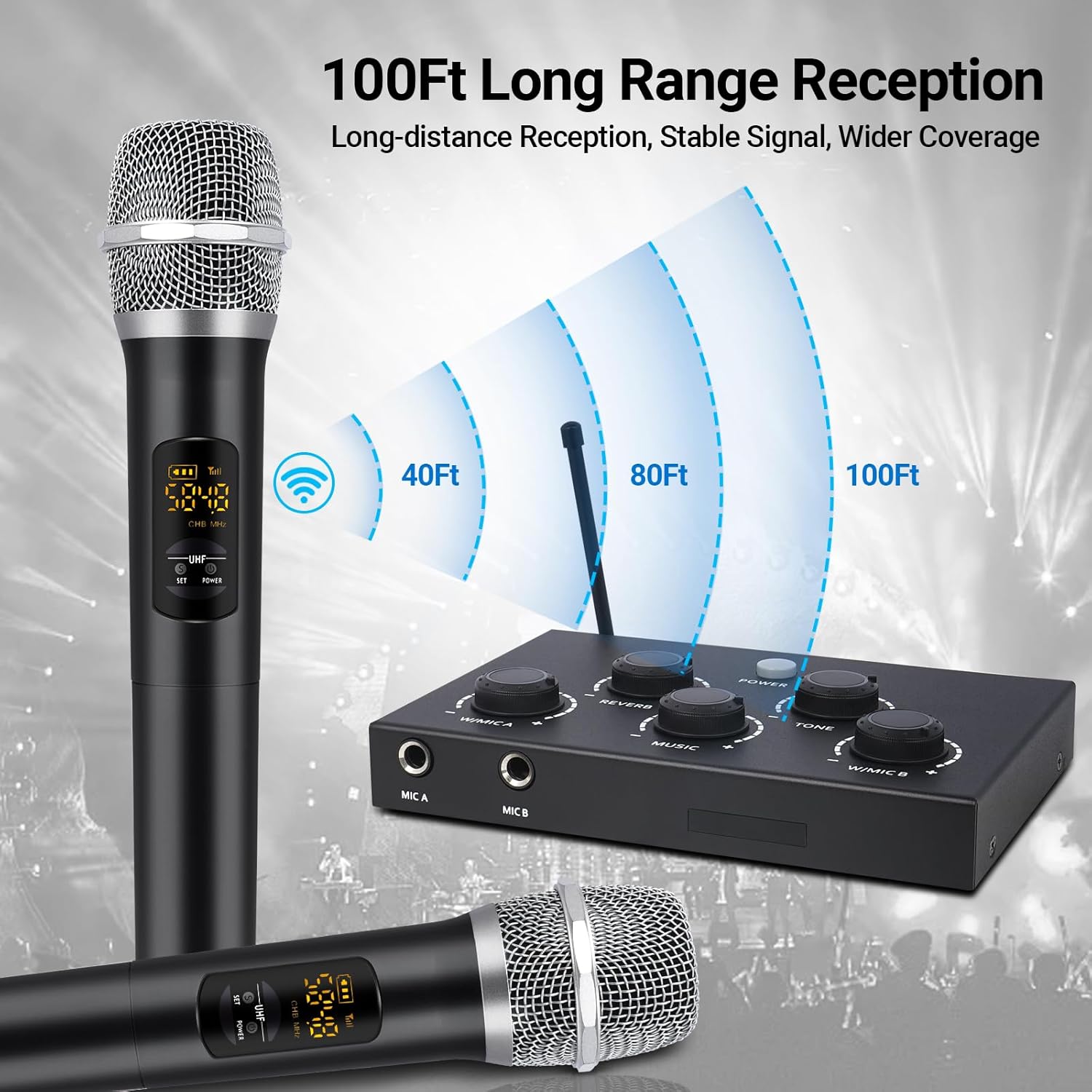 Wireless Karaoke System, Portable Karaoke Microphone Mixer with 16 Channels UHF Wireless, Optical AUX Microphone Speaker for Smart TV, PC, Amplifier, Speaker, KTV