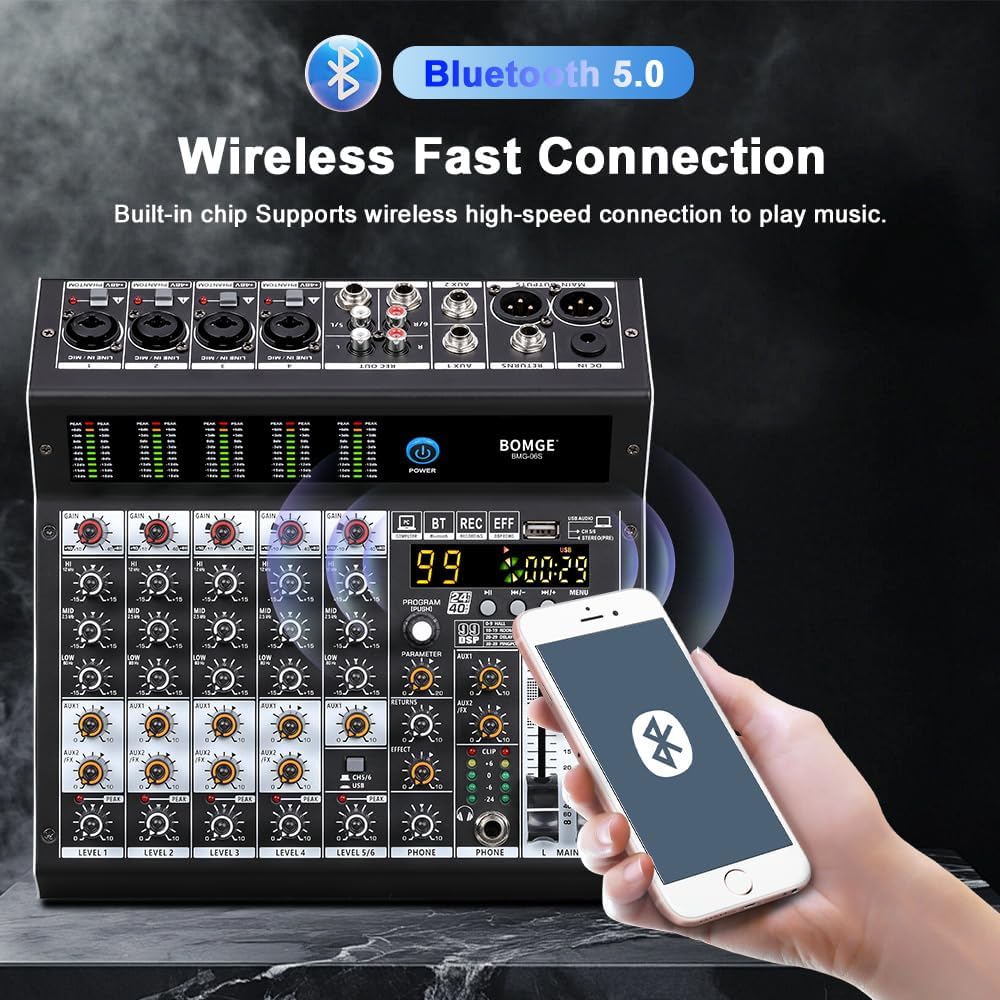 BOMGE Professional audio mixer 6 Channel Mixing Console with 99 DSP Effect,+48V Phantom, Bluetooth,USB Interface.2 AUX.FX Processor for studio recording & Live Performances