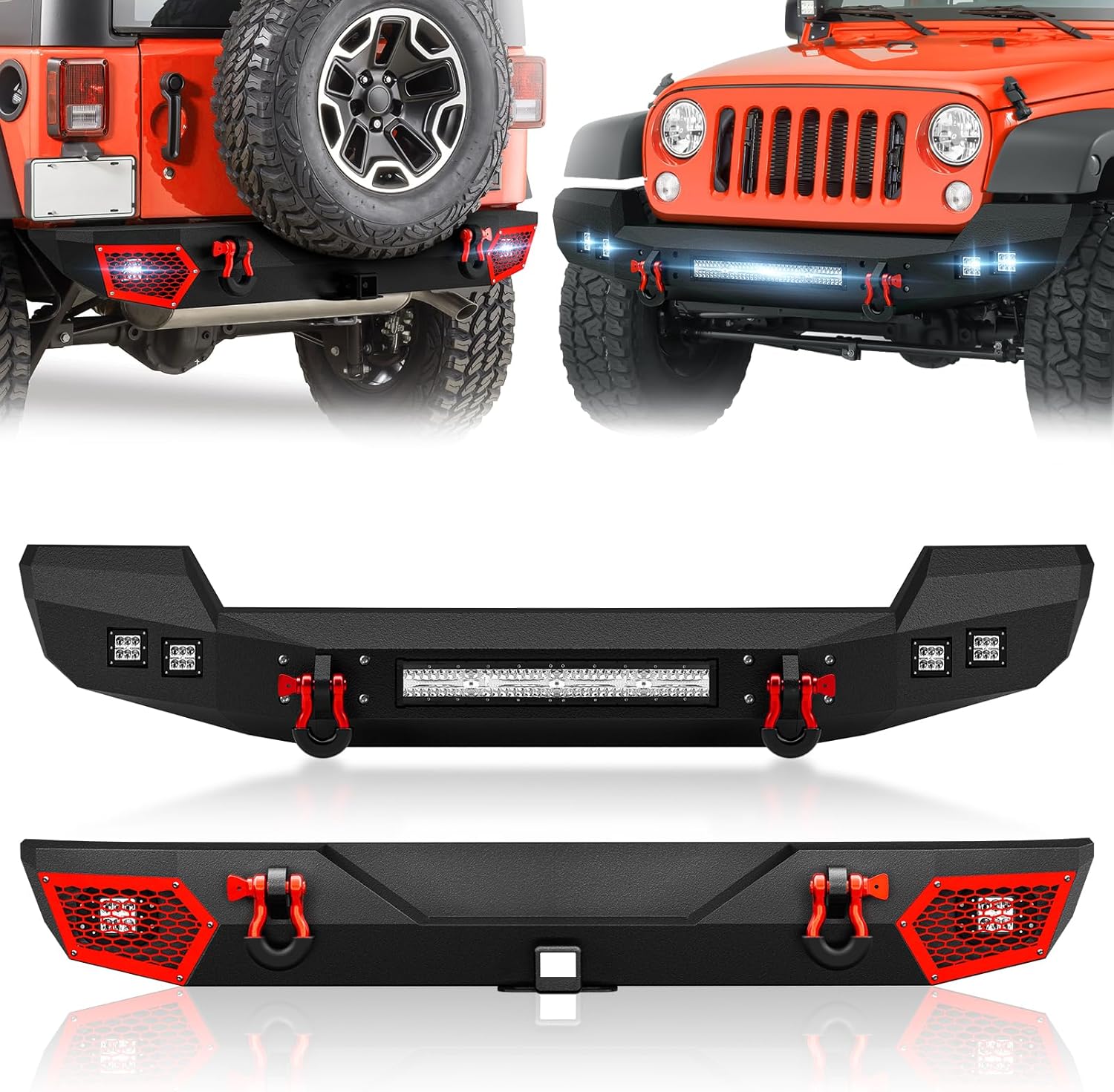 SUORTO Full Width Front Bumper & Rear Bumper Compatible with 2007-2018 Jeep Wrangler JK JKU Unlimited Off-road Bumper with Paintable Armor, 2