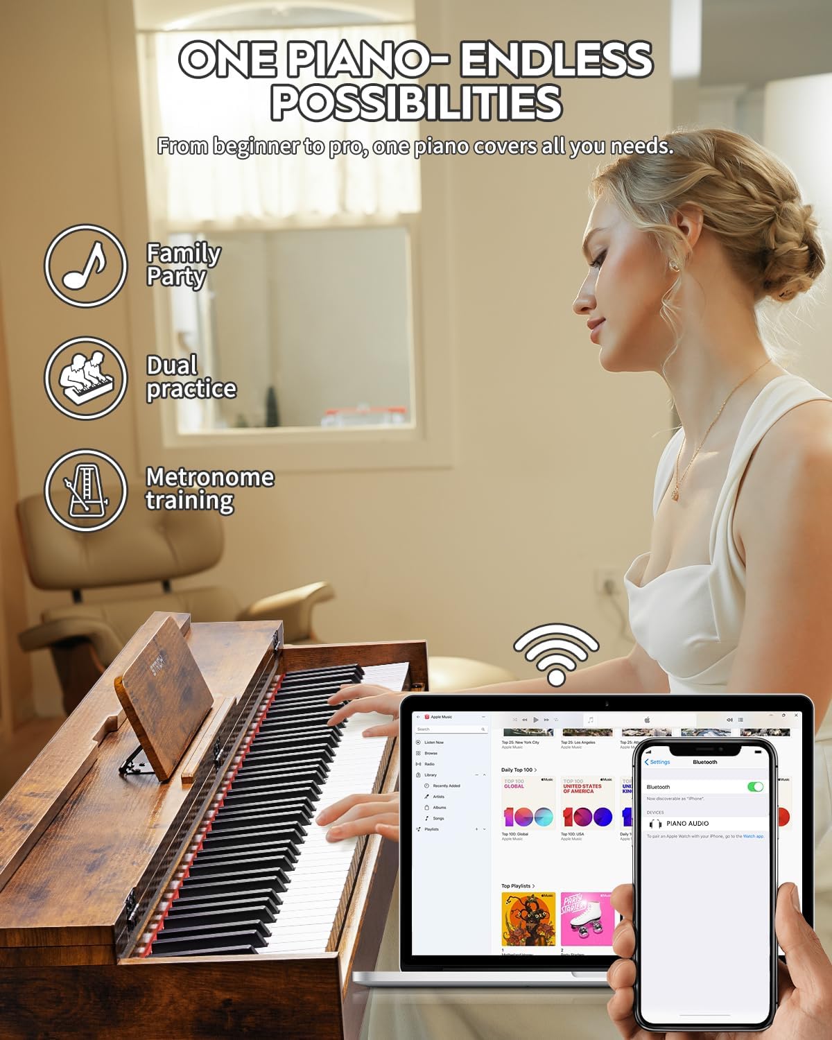 STRICH 88 Key Digital Piano, Hammer-Action Weighted Keyboard, Full Size Desk Cover Electric Piano Keyboard with Stand, 25Wx2 Speakers, Headphones, Three Pedal, SDP-350S(Furniture Style)