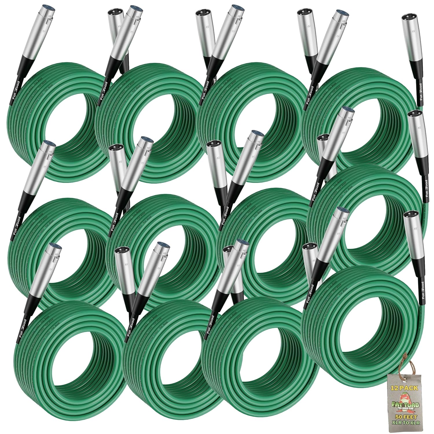Fat Toad 50ft XLR Mic Cables (ShieldedPRO X Series) 12 Pack – Green Patch Microphone Cords with Balanced 3-Pin Lo-Z Connectors – 24 AWG Wire for Studio, DJ & Live Sound