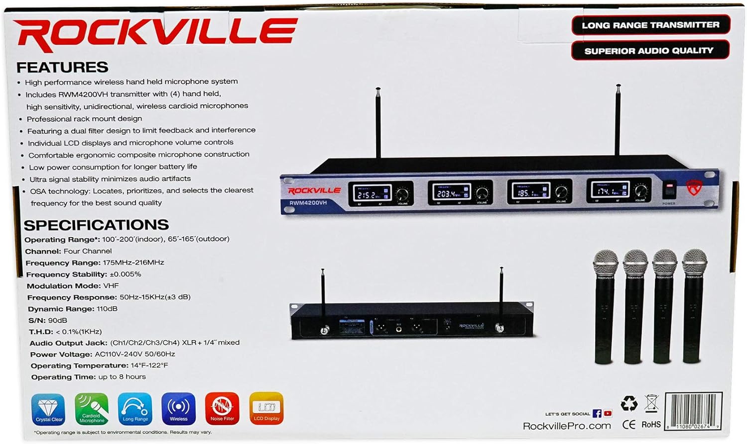 Rockville RWM4200VH VHF Wireless Quad Handheld Microphone System 4 Mics, LCD Display, Rack Mount, Dual Filter, 110V-240V AC, for Karaoke and Churches