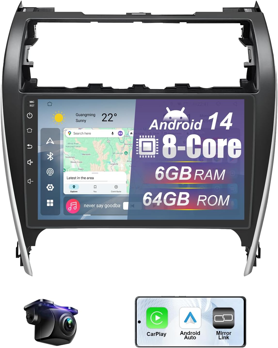 6+64G Android 14 Car Radio Stereo for Toyota Camry 2012-2014 with Wireless CarPlay/Android Auto, 10.1 inch HD Touchscreen Car Radio with Backup Camera AM/FM/RDS