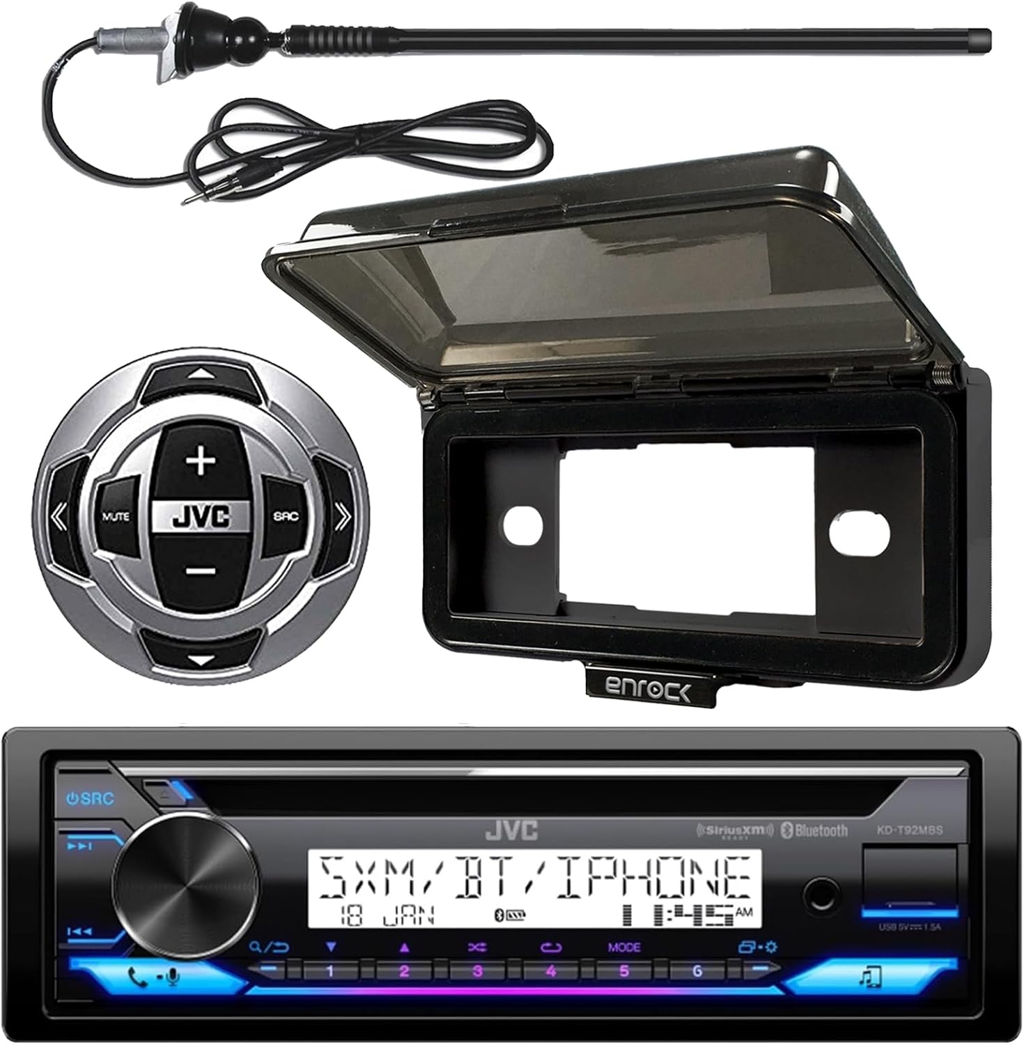JVC in-Dash Marine Boat Yacht Bluetooth Radio USB Stereo Receiver CD Player Bundle Combo with Remote Control, Enrock Dash Kit Protector UV-Resistant Weather Shield Receiver Cover, Radio Antenna