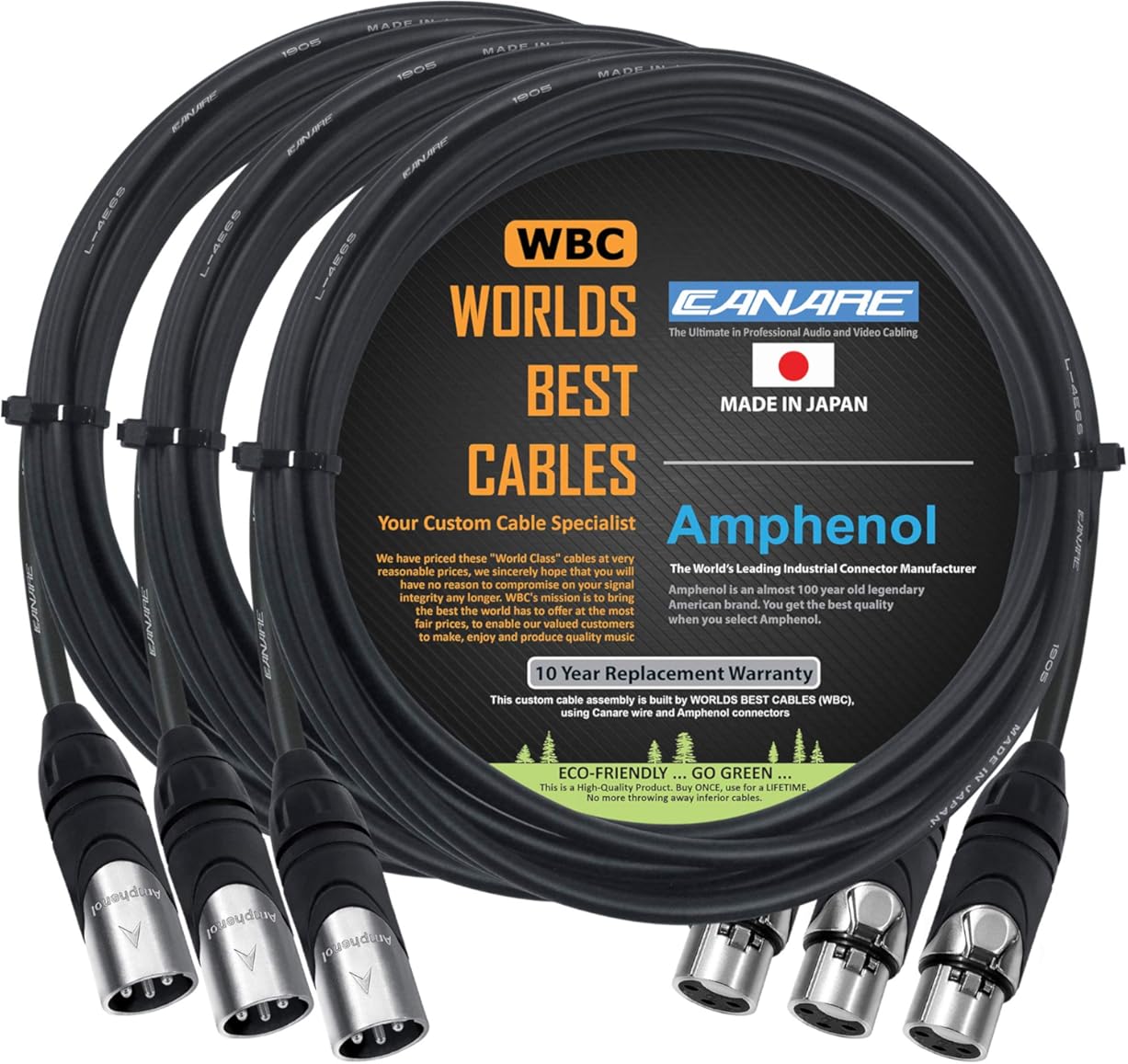 3 Units - 12 Foot - Canare L-4E6S, Star Quad Balanced Male To Female Microphone Cables With Amphenol AX3M & AX3F Silver XLR Connectors - CUSTOM MADE By WORLDS BEST CABLES