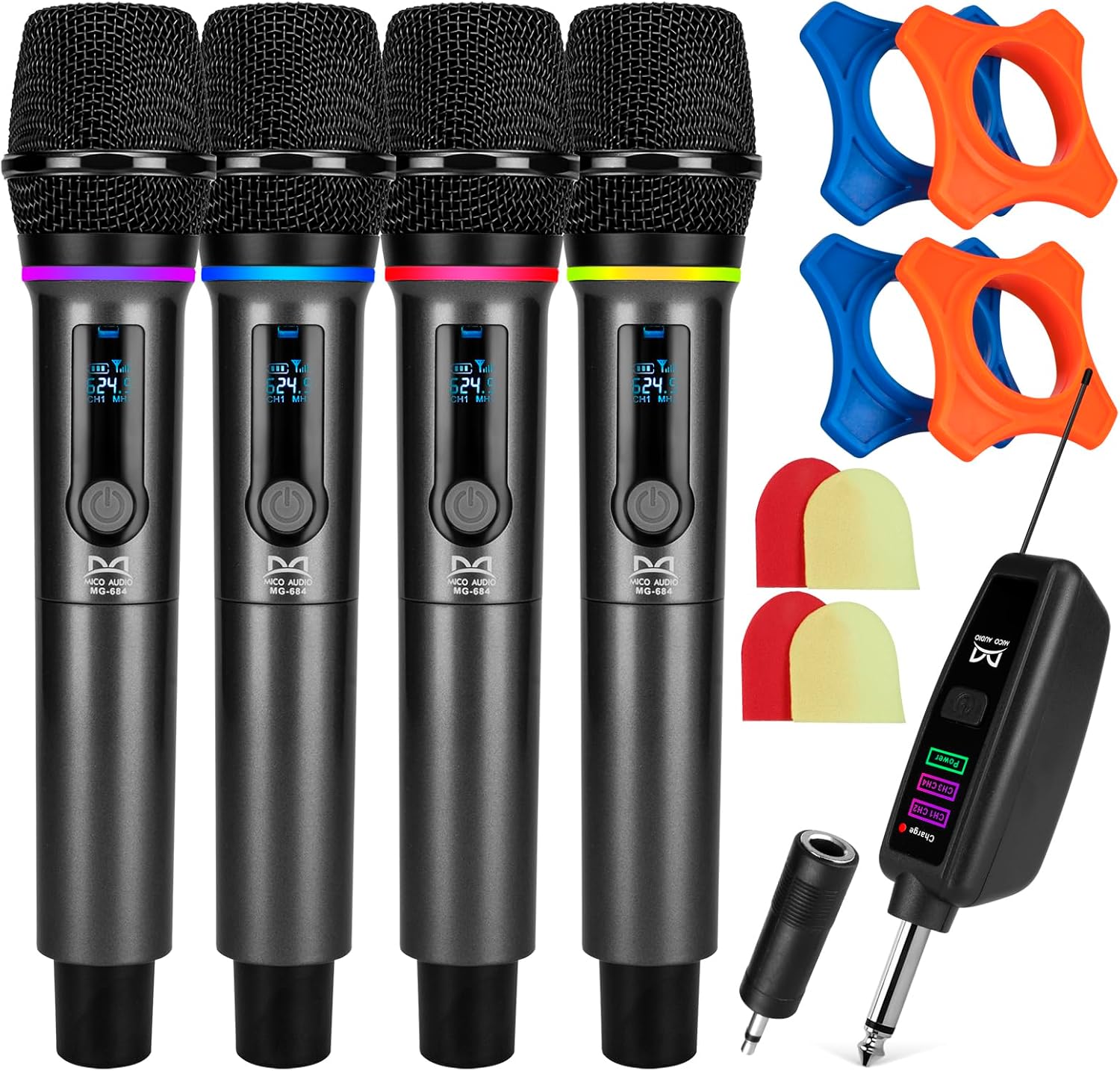 QiCheng&LYS 4 Wireless Microphones with Rechargeable Receiver, 2.4G Cordless Mics with Volume Control, Handheld Dynamic Mic System for Church Singing Karaoke Wedding, 200ft