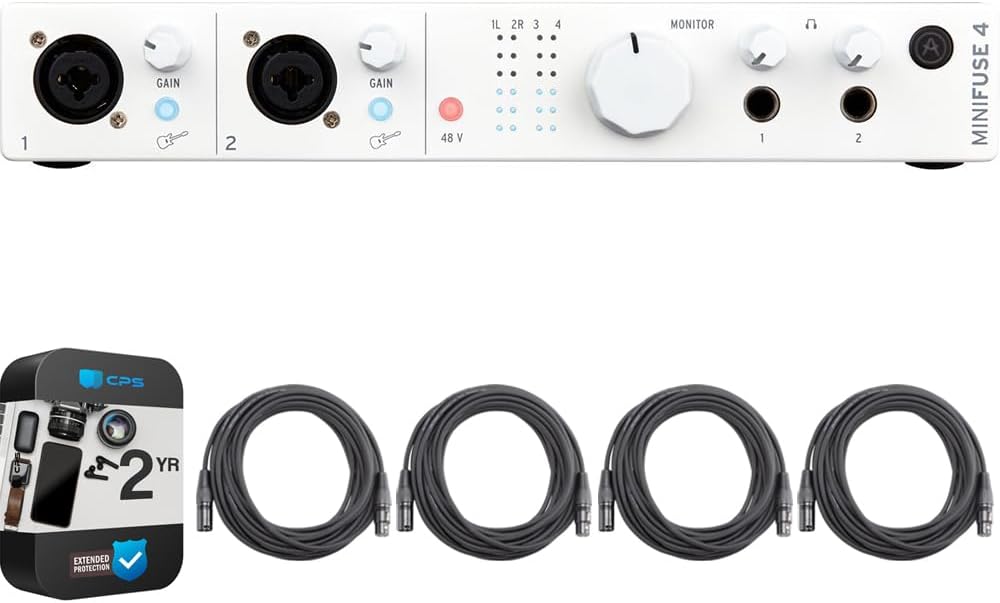 Arturia 800113 MiniFuse 4 Portable 4x Input USB-C MIDI Audio Interface, White Bundle with 2 YR CPS Enhanced Protection Pack and 4x OnStage 25ft XLR Cable