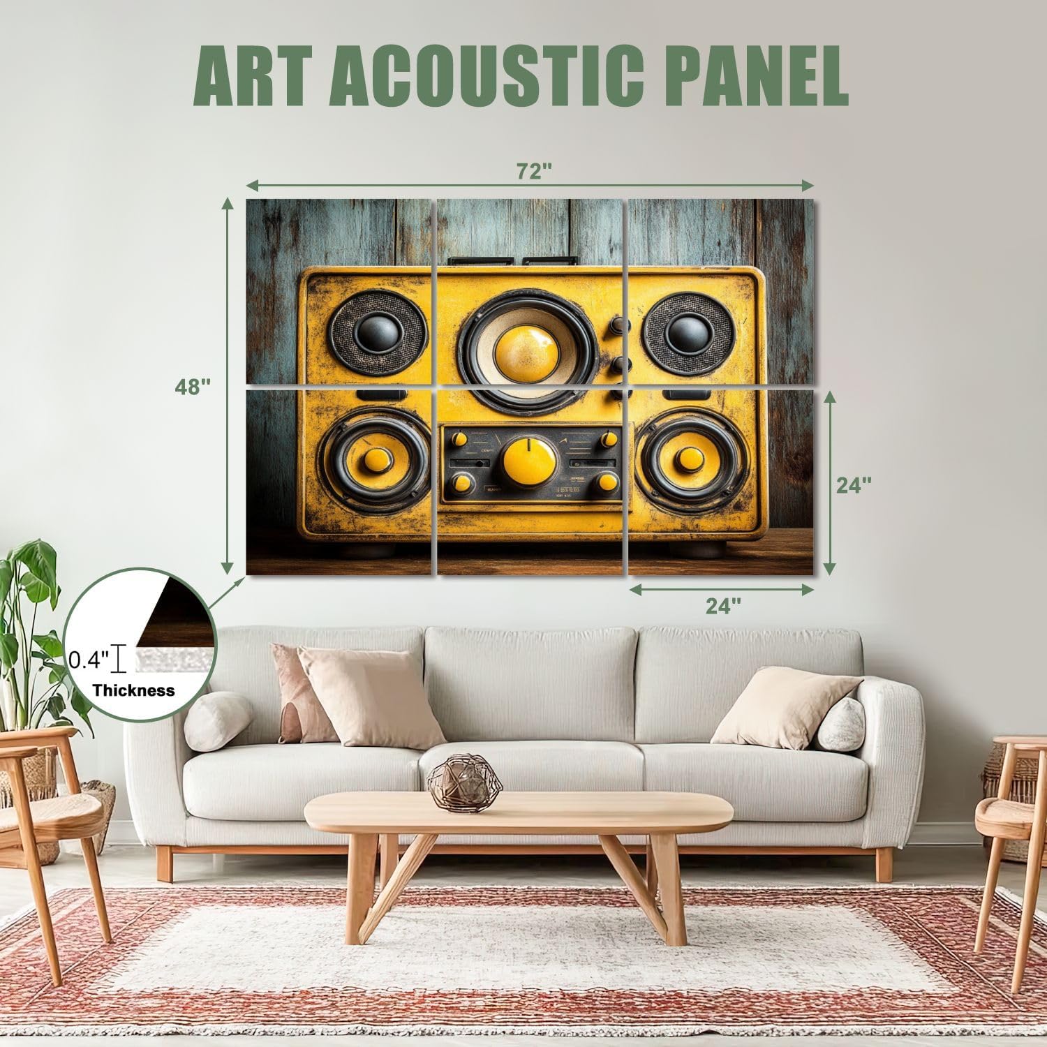 6 Pack Art Acoustic Panels Sound Absorbing Retro Vintage Knobs Speakers Distressed Texture Wood Background Decorative Soundproof Wall Panels Self Adhesive for Recording Studios Office 72