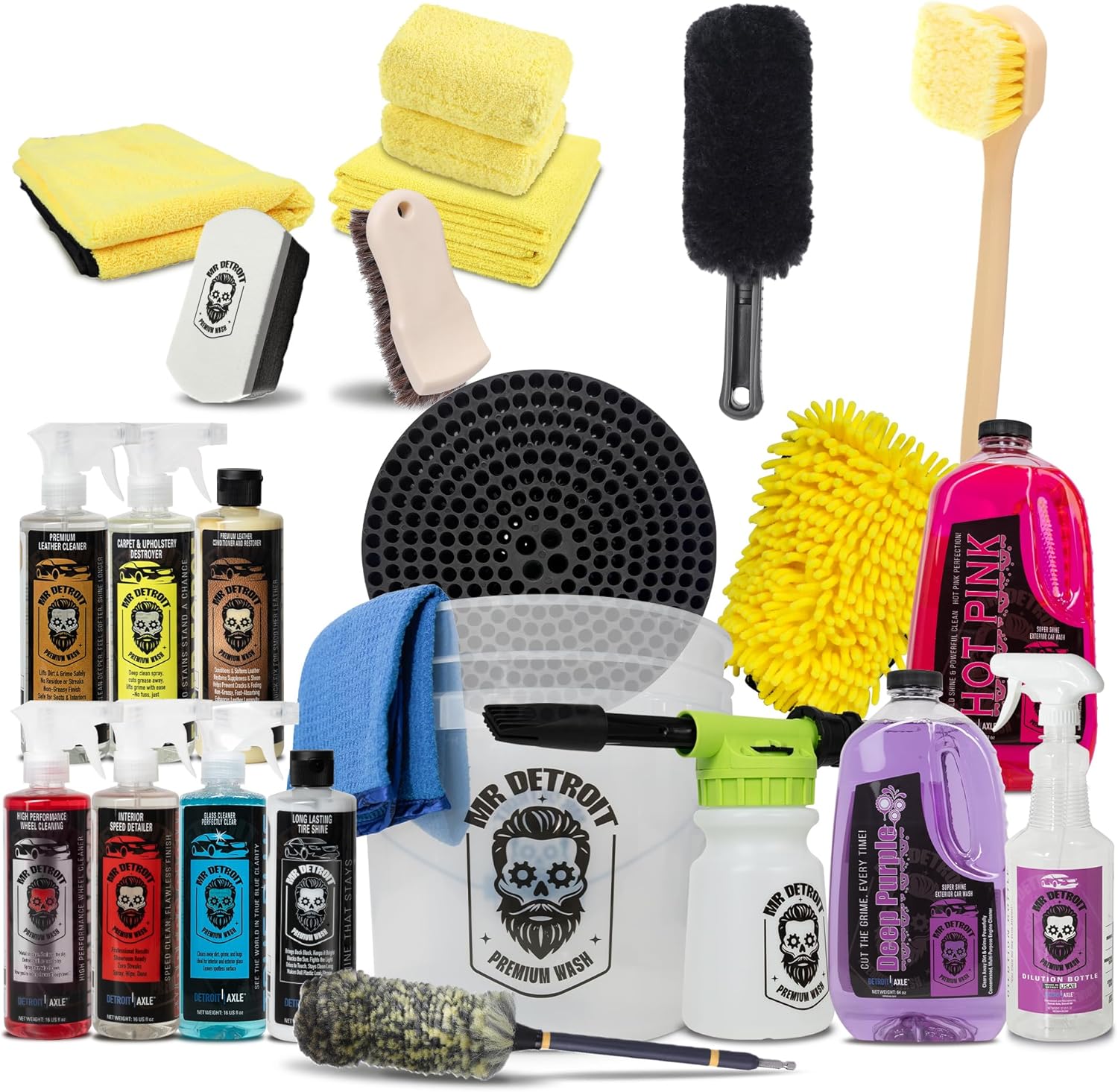 Mr. Detroit - 23pc Car Wash Kit with Foam Blaster, Bucket & Filter, Car Care Cleaners, Leather Conditioner, Towels, Wash Glove, Brushes, Sponge Pads, Exterior and Interior Detailing for Vehicles