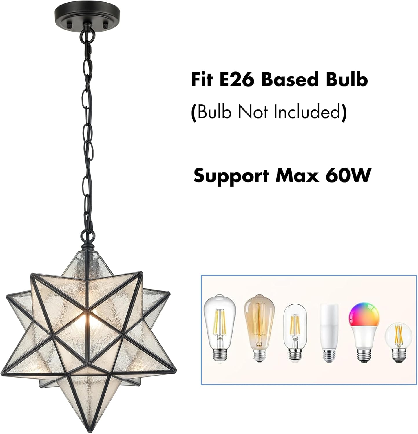 14'' Moravian Star Pendant Light Seeded Glass Star Lights with Adjustable Hanging Chain Light for Kitchen Bedroom Dining-Dimmable