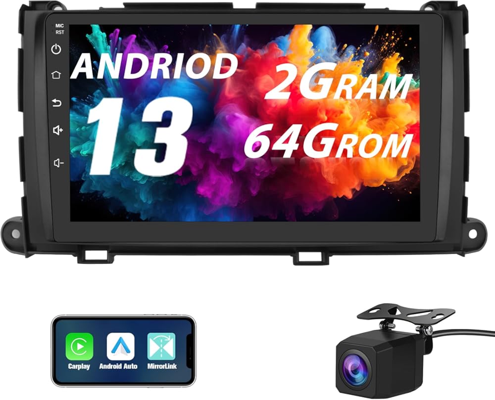 Car Radio Stereo for Toyota Sienna 2011-2014 Android 13 2GB+64GB Radio Upgrade Replacement 9 Inch Touchscreen Head Unit with CarPlay Android Auto/GPS/FM/AM/BackCamera/MirrorLink/29 Theme UIs