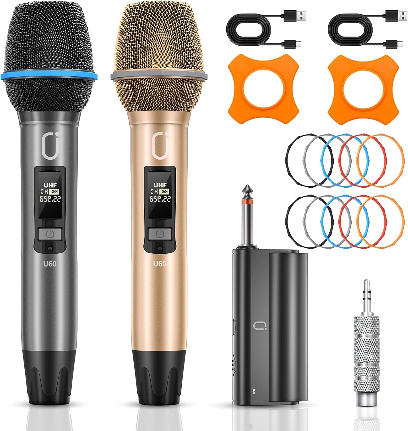 Wireless Microphones, Two UHF Microphones for Karaoke Singing, Rechargeable Dynamic Mic System with Receiver for Church, Party, Meeting, Speech, PA System, Plug and Play