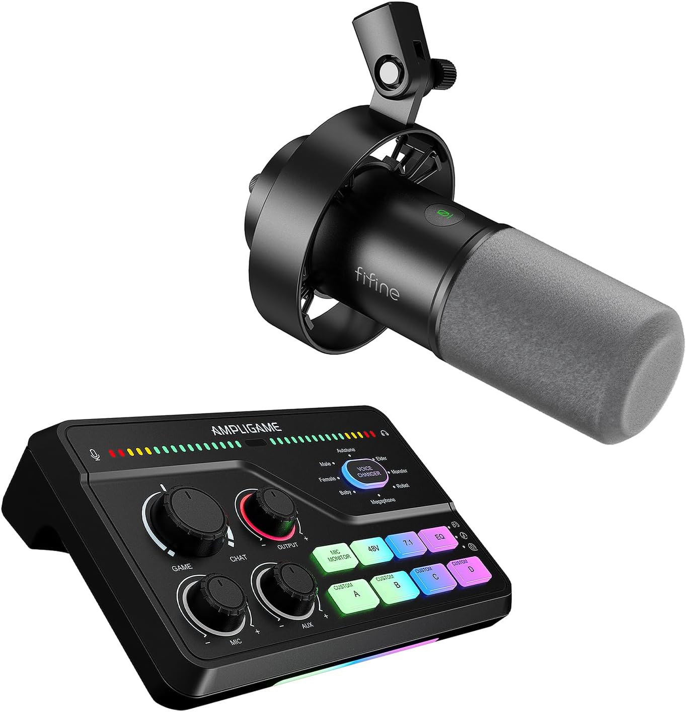 FIFINE XLR/USB Podcast Microphone with Audio Mixer Set, Studio Recording PC Mic with XLR Mixer Bundle, 7.1 Surround Sound, Headphone Monitoring, Voice Changer for Gaming (K688+SC8)