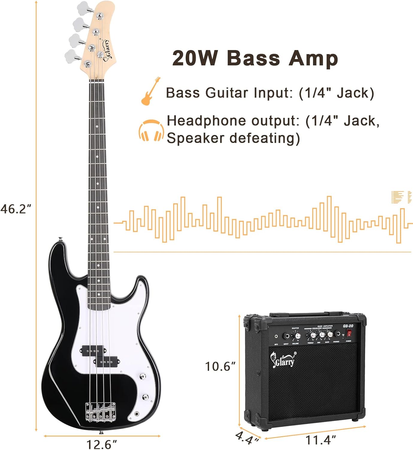 GLARRY Full Size Electric Bass Guitar Beginner Kit 4 String Exquisite Basswood Bass with 20W AMP, Cable, Strap, Bag and Accessories (Black, 39