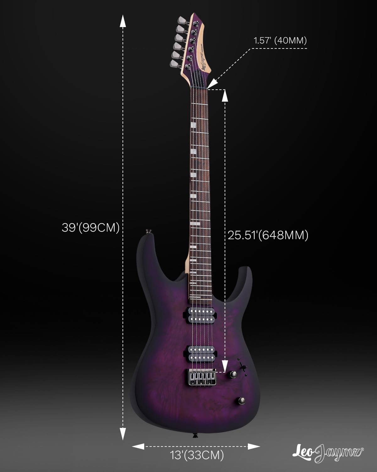 Leo Jaymz Tornado 6-String Electric Guitar, Okoume Body, Maple Neck, Laurel Fingerboard, Dual Alnico V Pickups, Locking Tuners, 3-Way Switch, 24 Frets (Purple Burl)