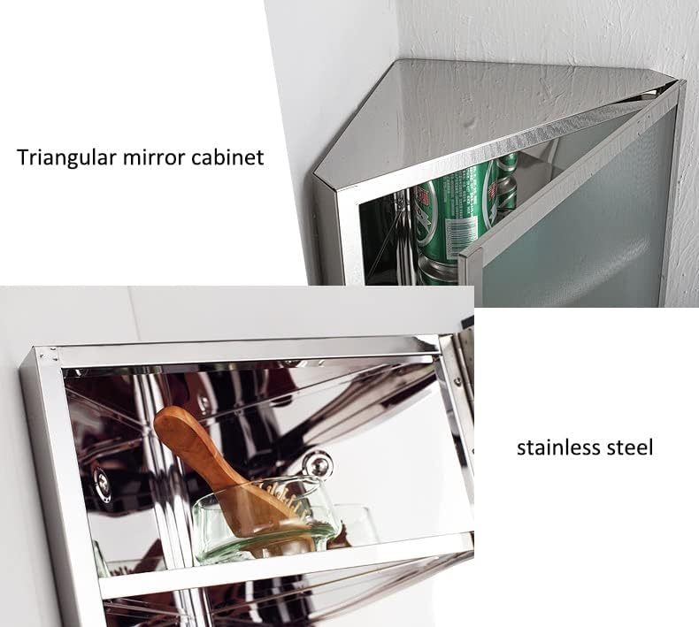 Wall Mount Corner Medicine Cabinet with Mirror, Bathroom Mirror Cabinet, Polished Stainless Steel - Left/Right Open Mirror Door, Three Shelves,11.8” X 23.6