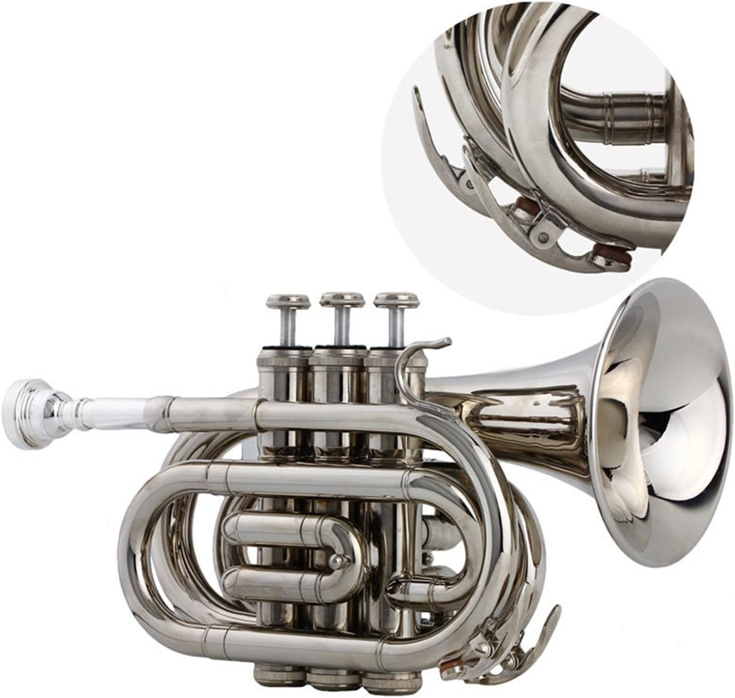 TSTS B-Flat Silver-Plated Pocket Trumpet Bb Silver Palm Size Brass Nickel-Plated Cornet Wind Instrument Pocket Trumpet Beginners