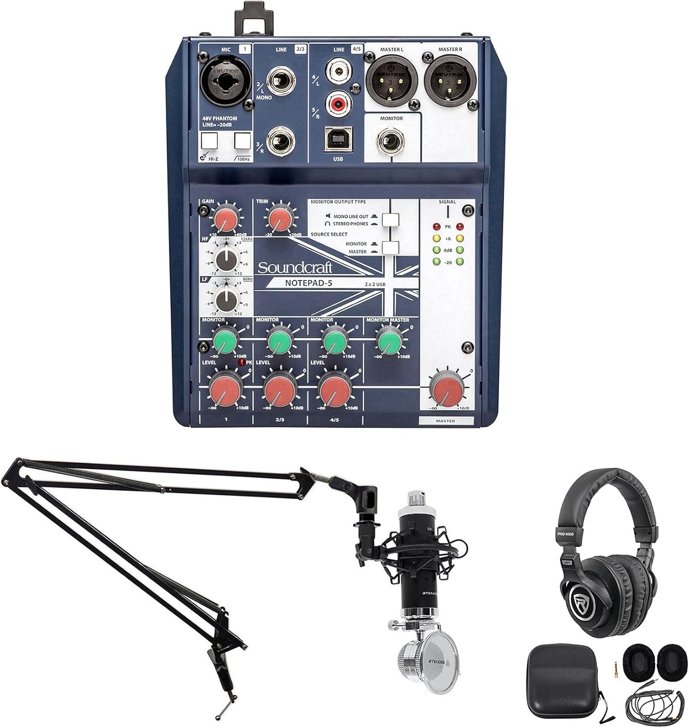 Soundcraft Notepad-5 Channel Podcast Mixer Podcasting Interface w/USB For Mac/PC Bundle with Rockville RCM03 Pro Recording Condenser Mic, PRO-M50 Studio Headphones and DMS40 40