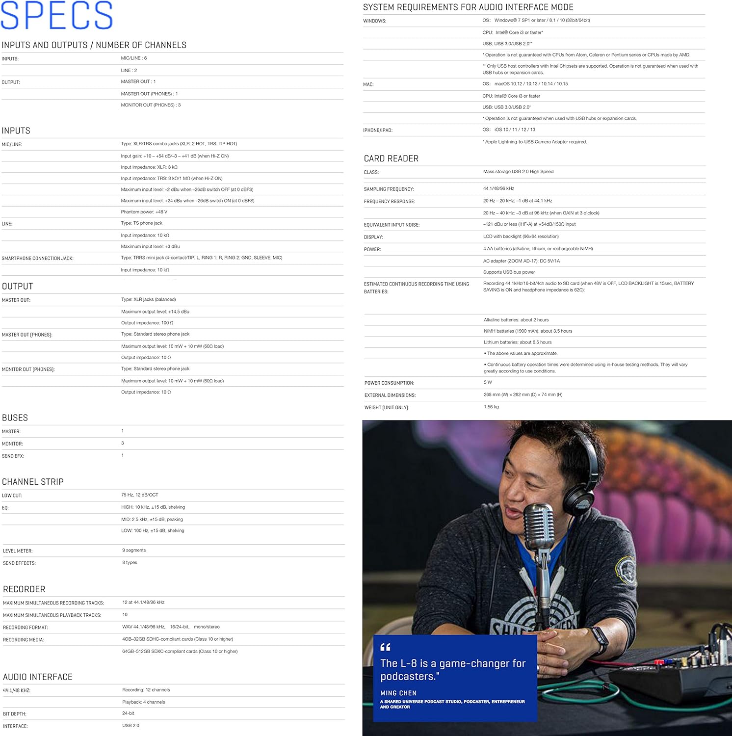 Zoom LiveTrak L-8 Portable 8-Channel Digital Mixer and Multitrack Recorder Bundle with 4x Zoom ZDM-1 Mic with Headphones, Windscreens and Stands + Cleaning Cloth – 4 Person Podcasting Bundle