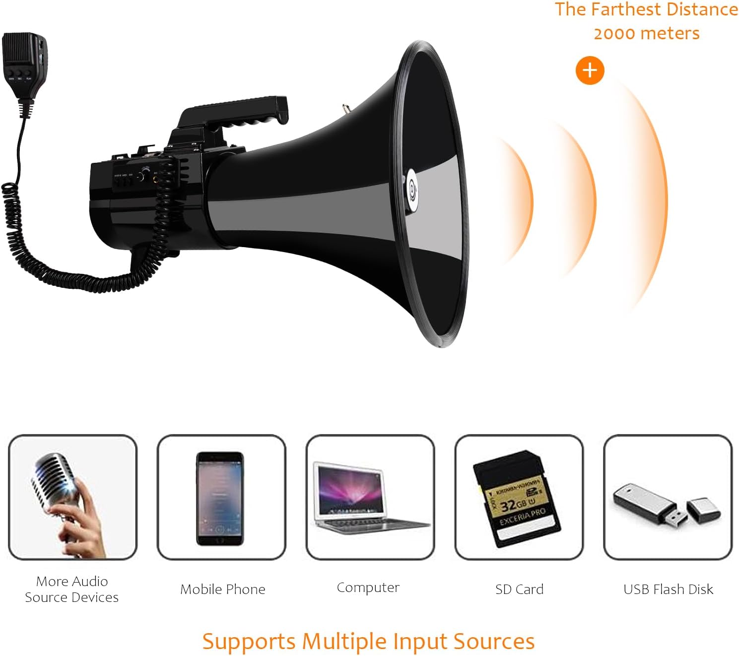 Heavy Duty 75W Professional Megaphone Bullhorn Speaker with Built-in Microphone-Rechargeable Battery&Portable Strap-Siren -USB/SD/AUX Input-Ideal for Football, Baseball,Coaches