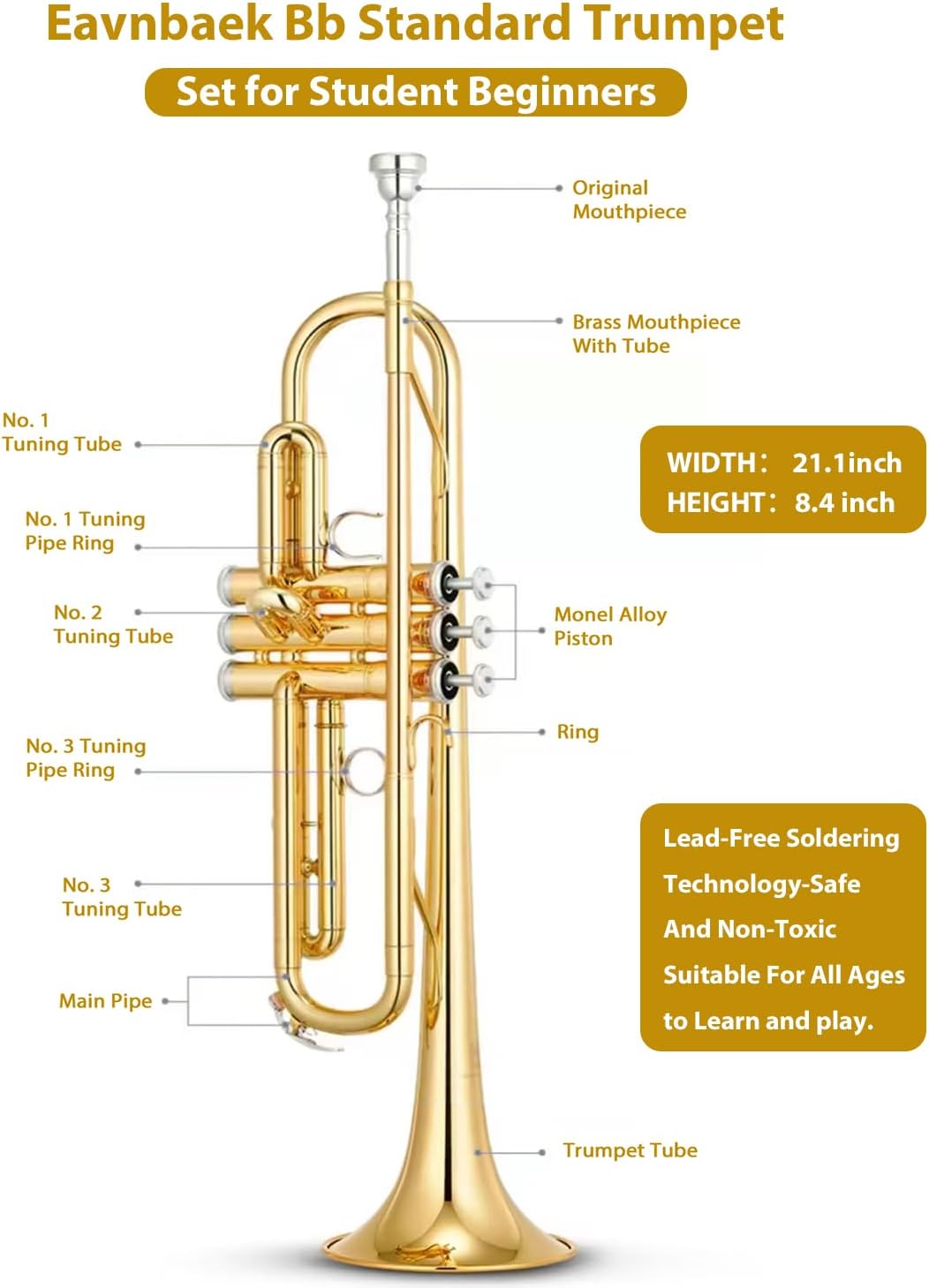Bb Standard Trumpet Set for Beginner or Advanced Student, Brass Student Trumpet Instrument with Hard Case, Cleaning Kit, 7C Mouthpiece and Gloves (Gold)